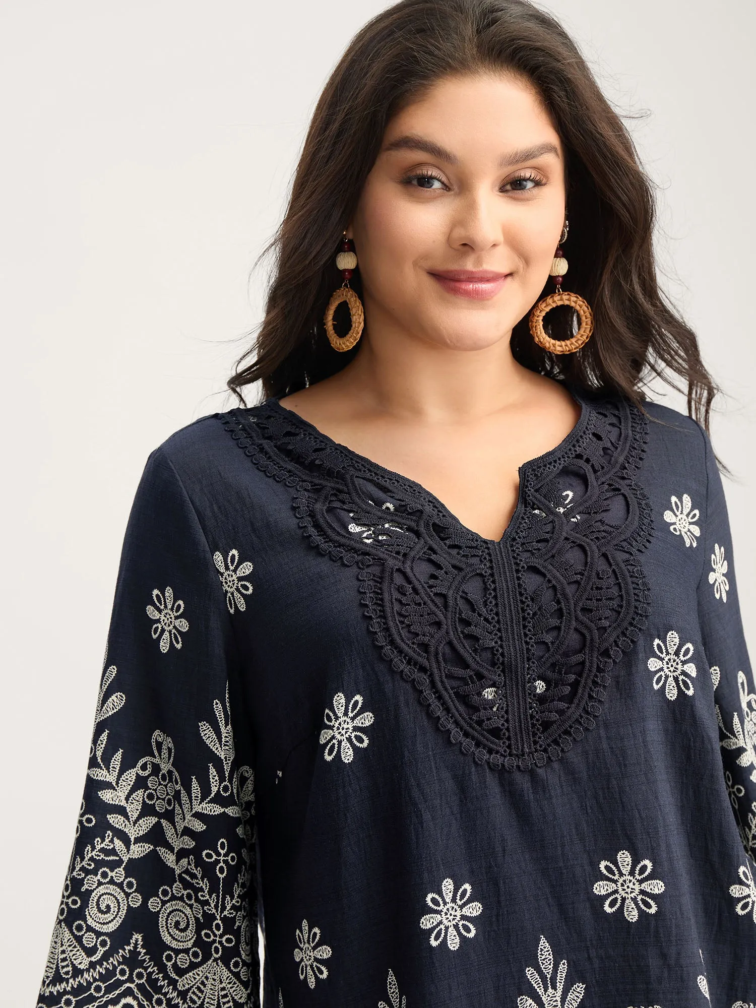 Boho Print Lace Neck Blouse sold by Bloomchic
