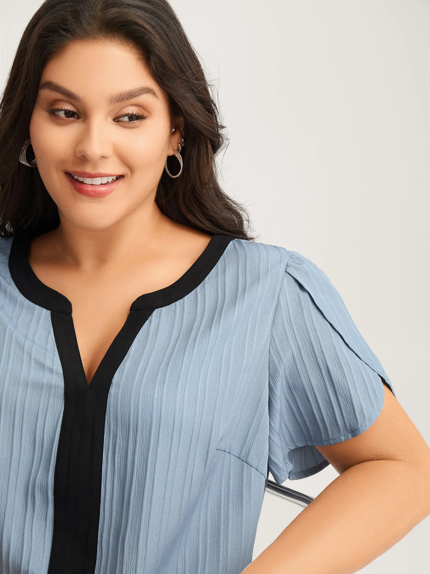 Textured Color Contrast Petal Sleeve Blouse sold by Bloomchic product image thumbnail 4