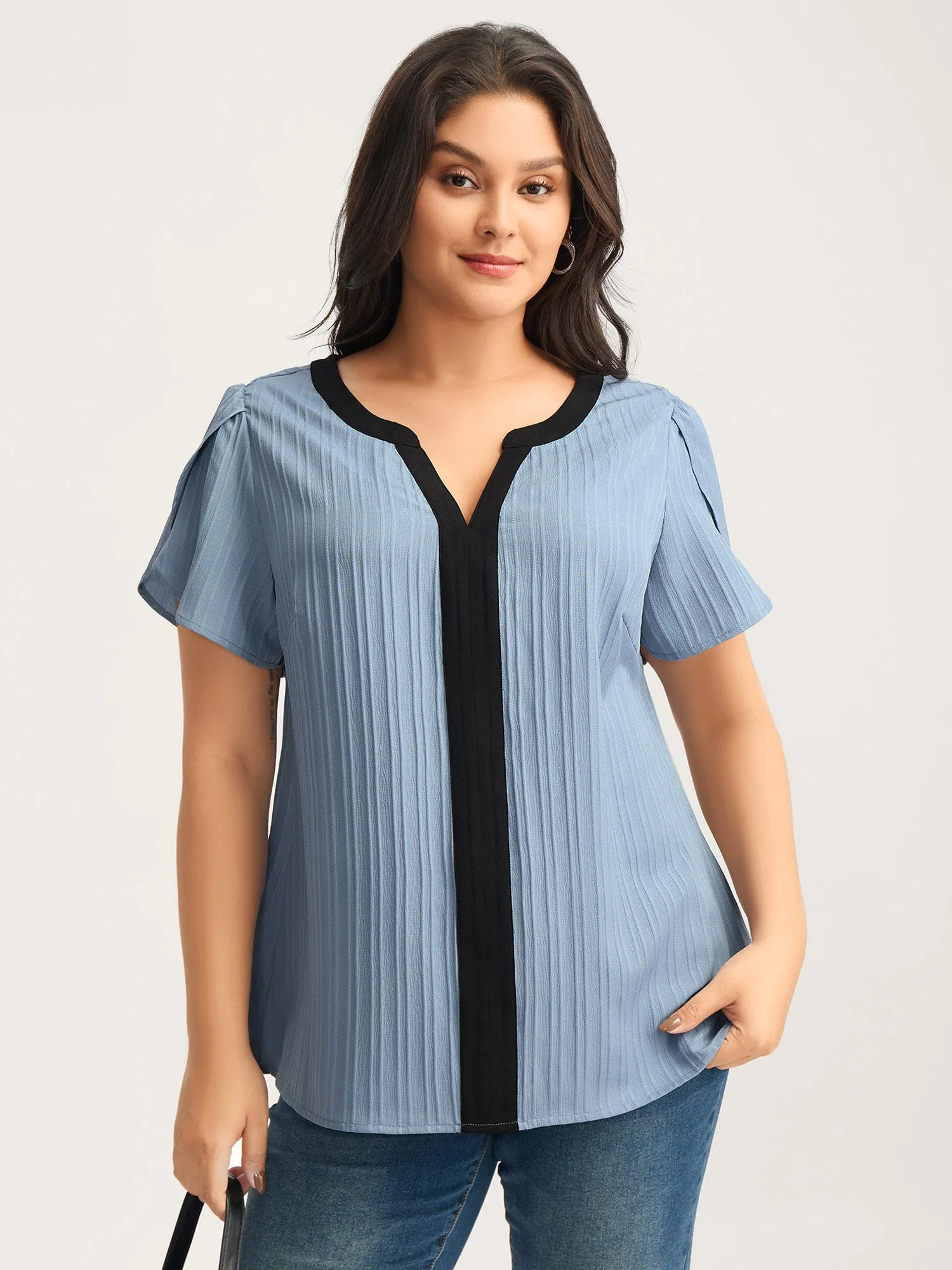 Textured Color Contrast Petal Sleeve Blouse sold by Bloomchic