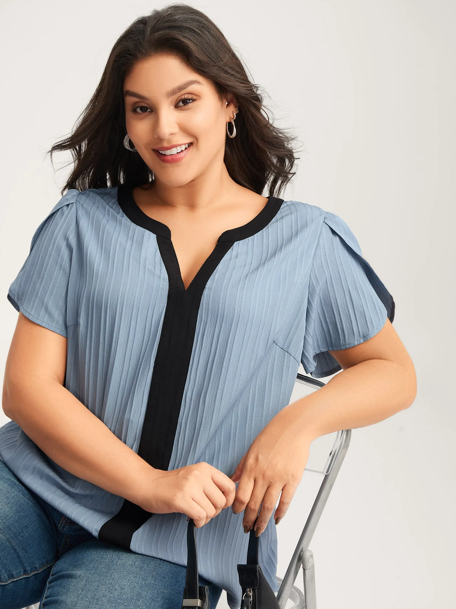 Textured Color Contrast Petal Sleeve Blouse sold by Bloomchic product image thumbnail 2