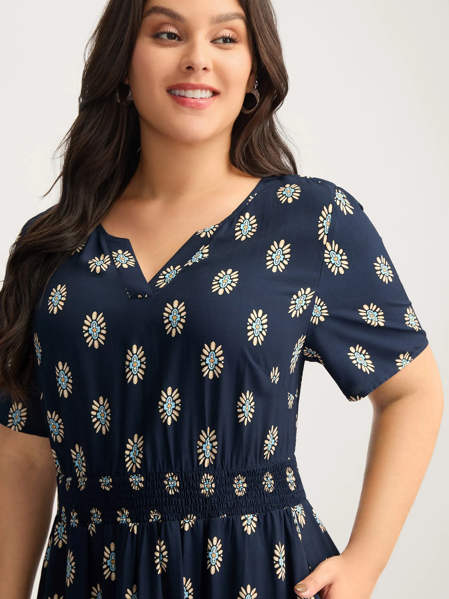 Rayon Geometric Floral Print Shirred Midi Dress sold by Bloomchic product image thumbnail 2