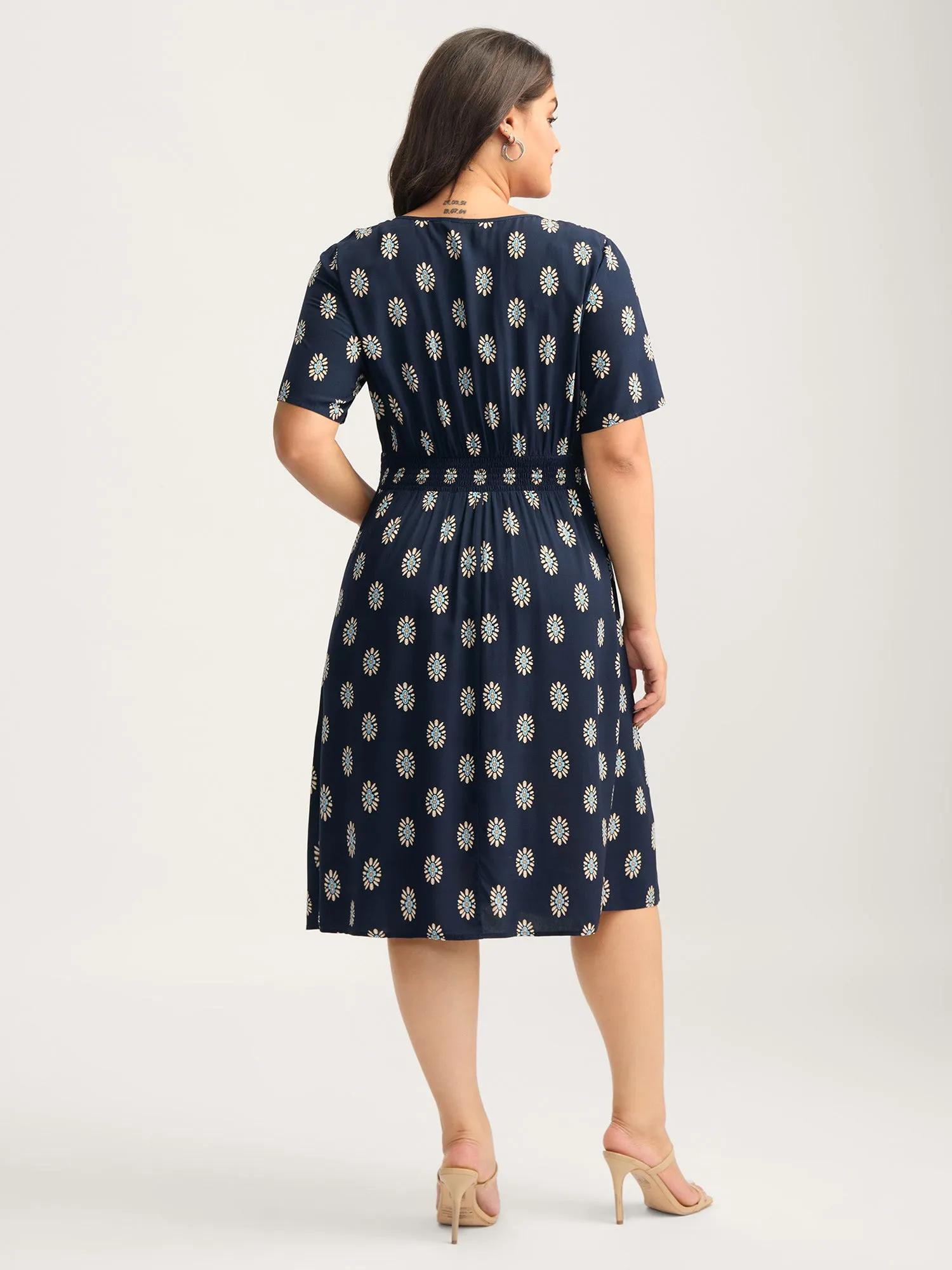 Rayon Geometric Floral Print Shirred Midi Dress sold by Bloomchic product image thumbnail 4