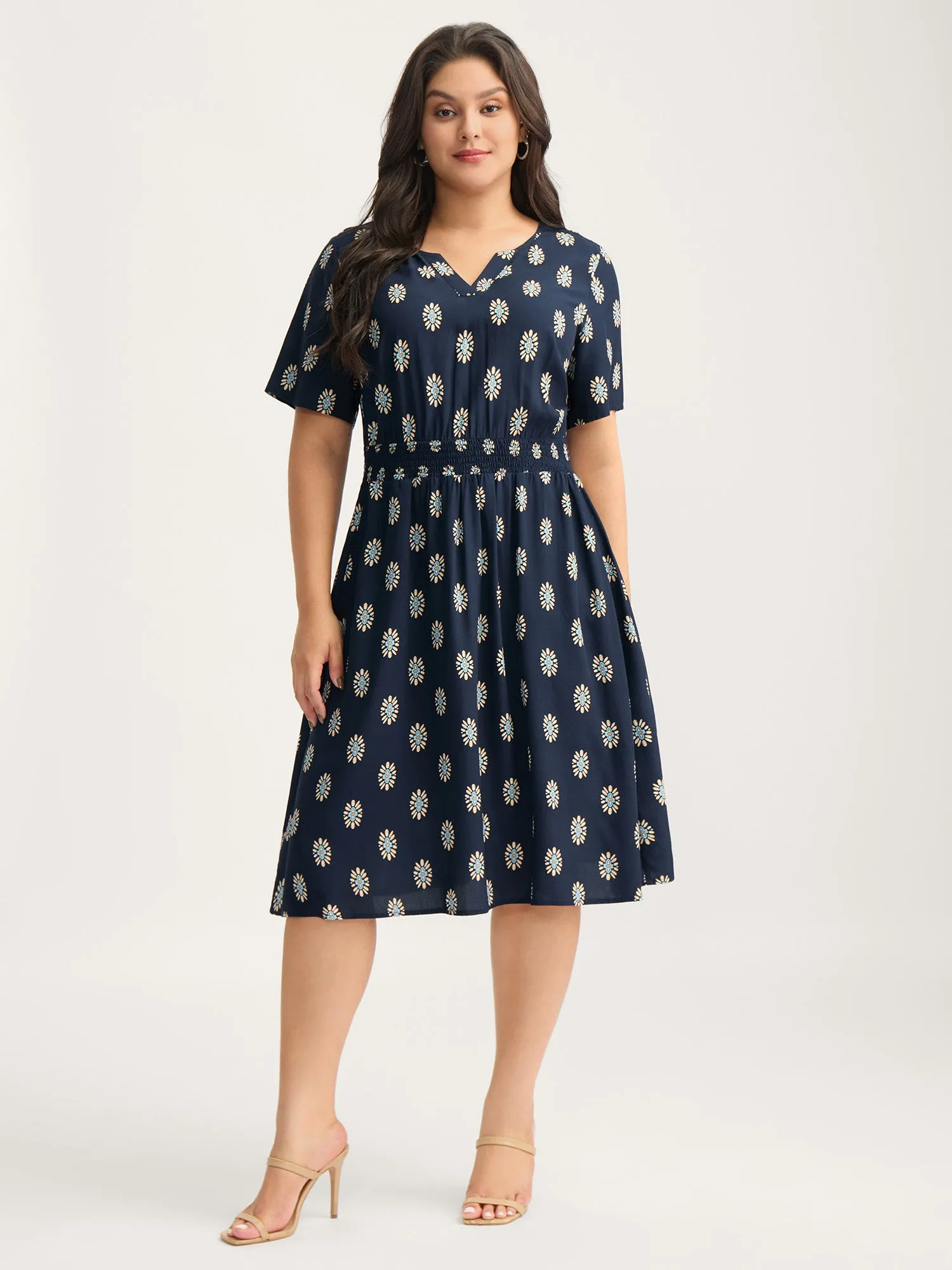 Rayon Geometric Floral Print Shirred Midi Dress sold by Bloomchic product image thumbnail 3