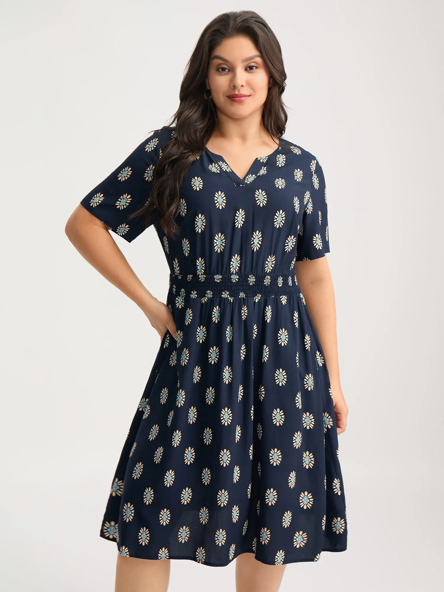 Rayon Geometric Floral Print Shirred Midi Dress sold by Bloomchic