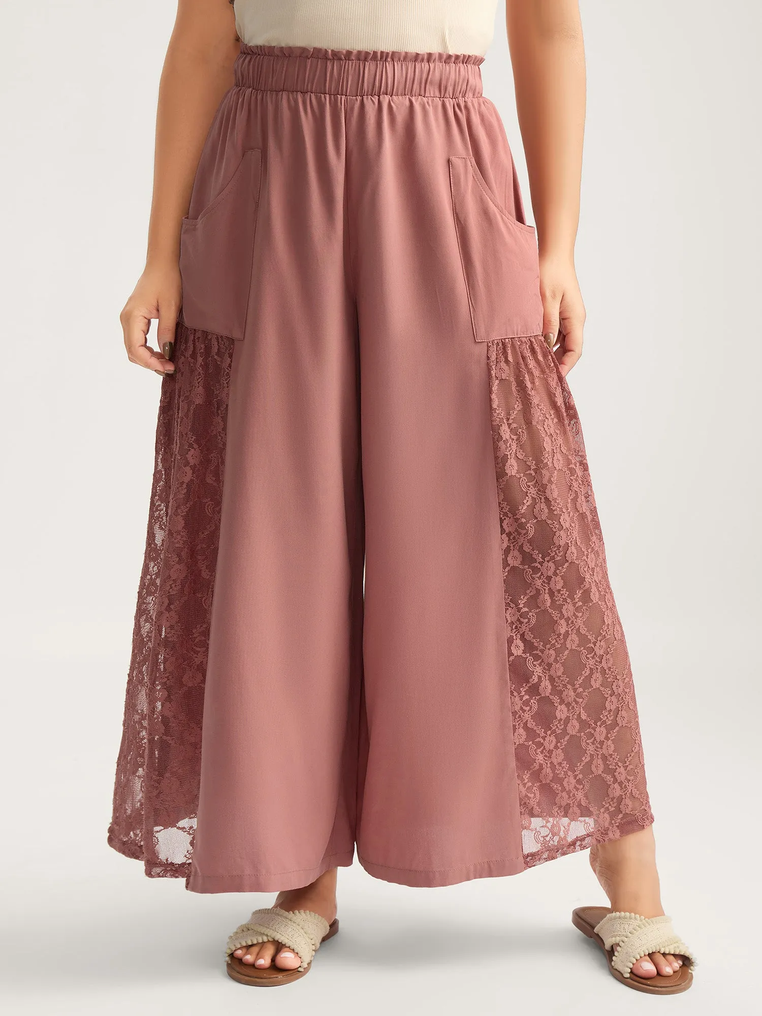 Lace Detail Stretchy Waist Wide-Leg Pants sold by Bloomchic