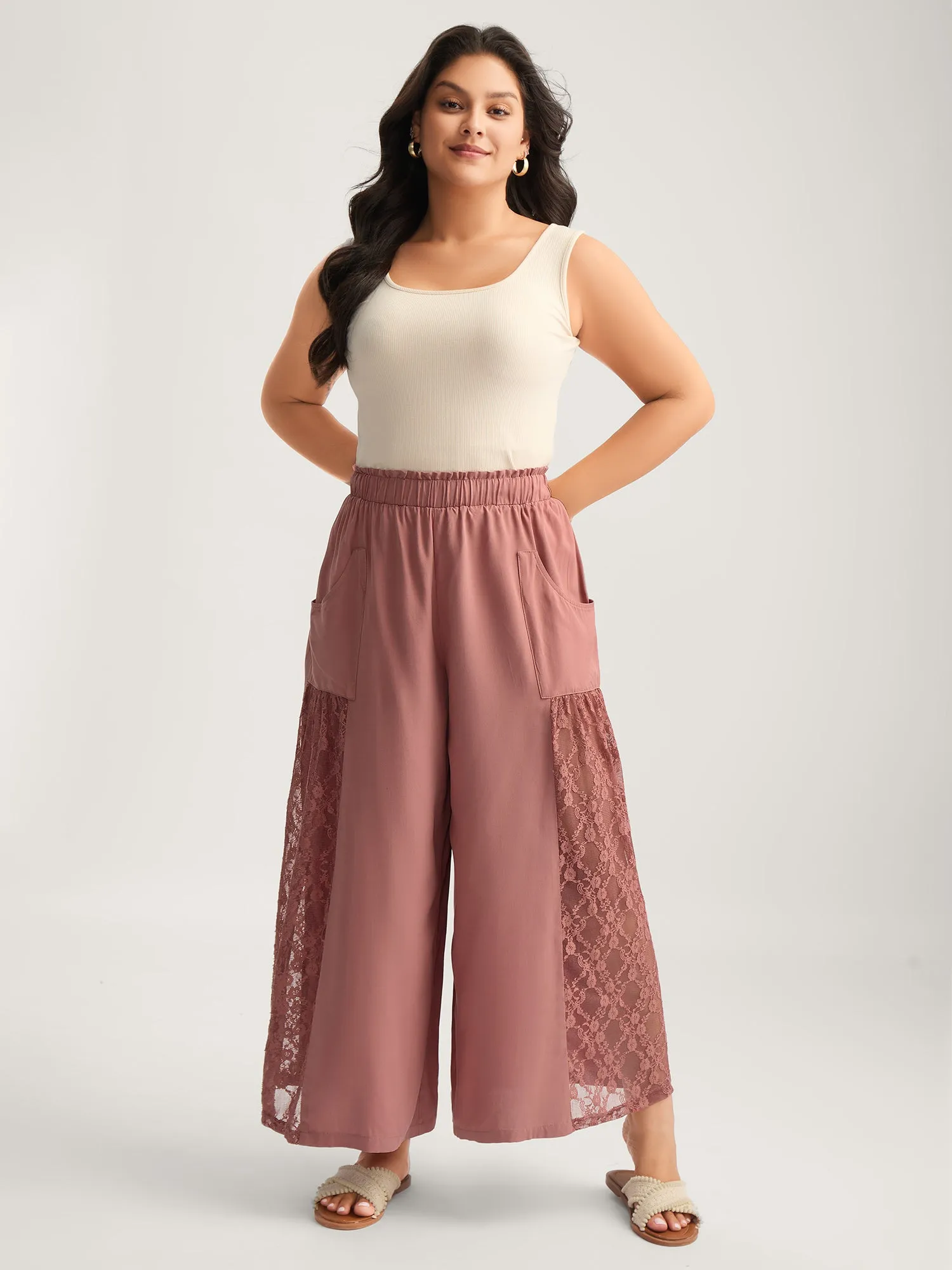 Lace Detail Stretchy Waist Wide-Leg Pants sold by Bloomchic product image thumbnail 3