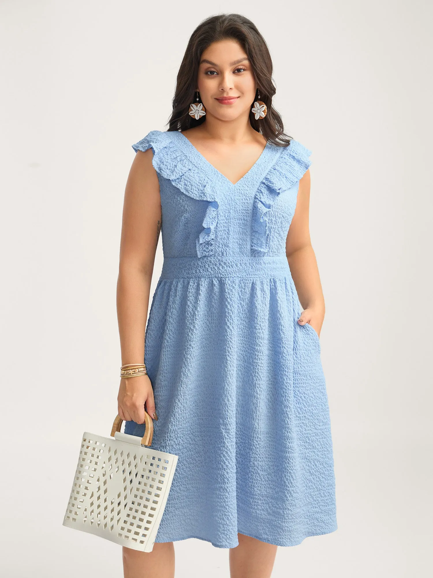 Ruffled Neck Textured Sleeveless Midi Dress sold by Bloomchic