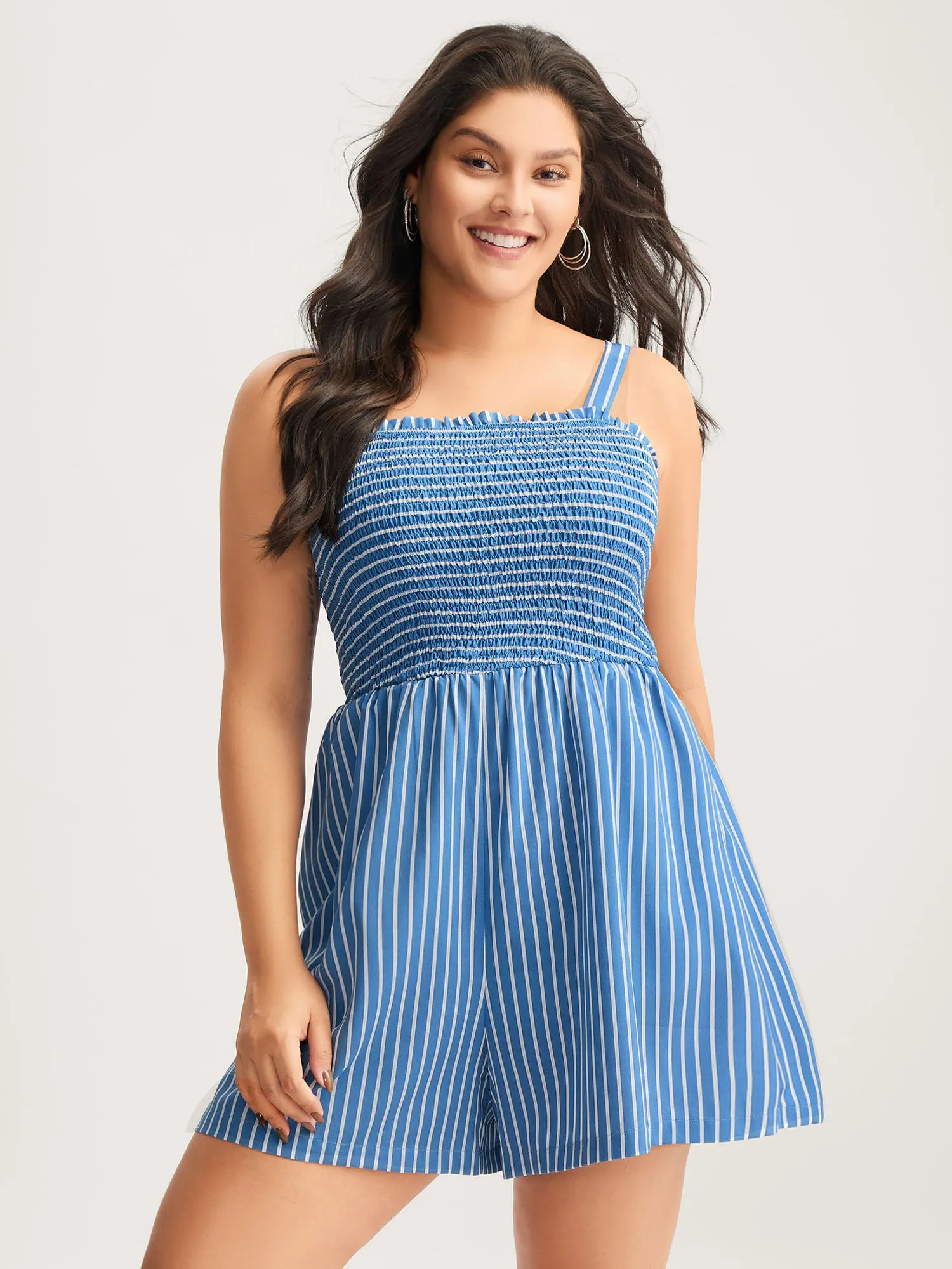 Striped Shirred Bodice Cami Romper sold by Bloomchic