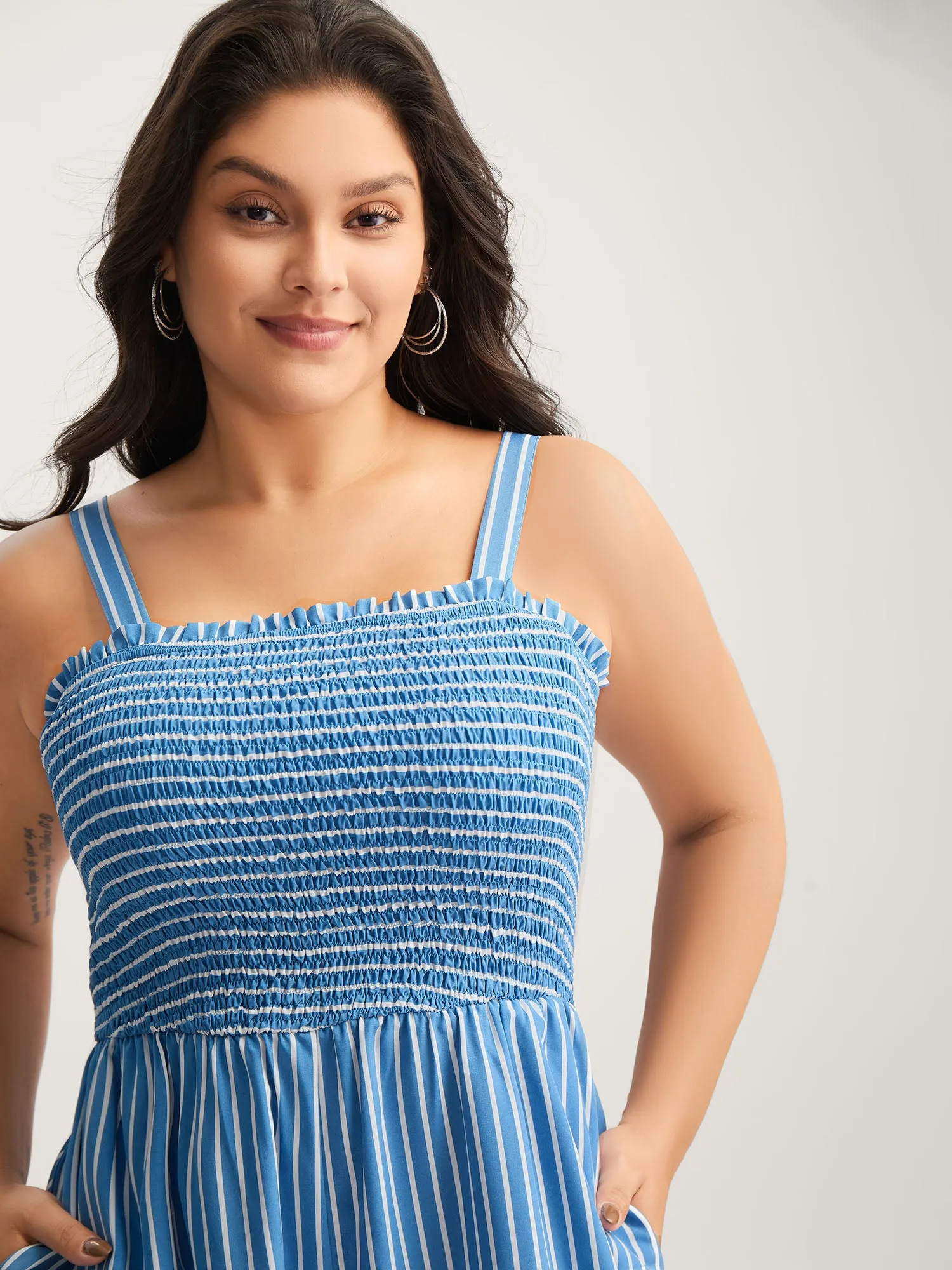 Striped Shirred Bodice Cami Romper sold by Bloomchic product image thumbnail 2