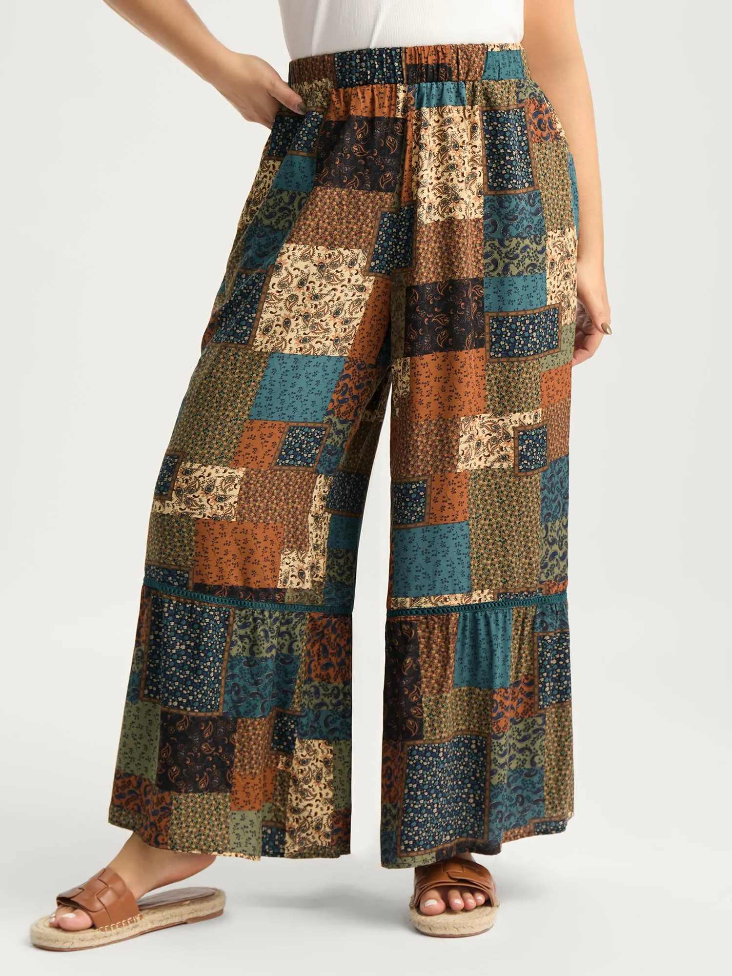 Floral Collage Lace Spliced Wide-Leg Pants sold by Bloomchic