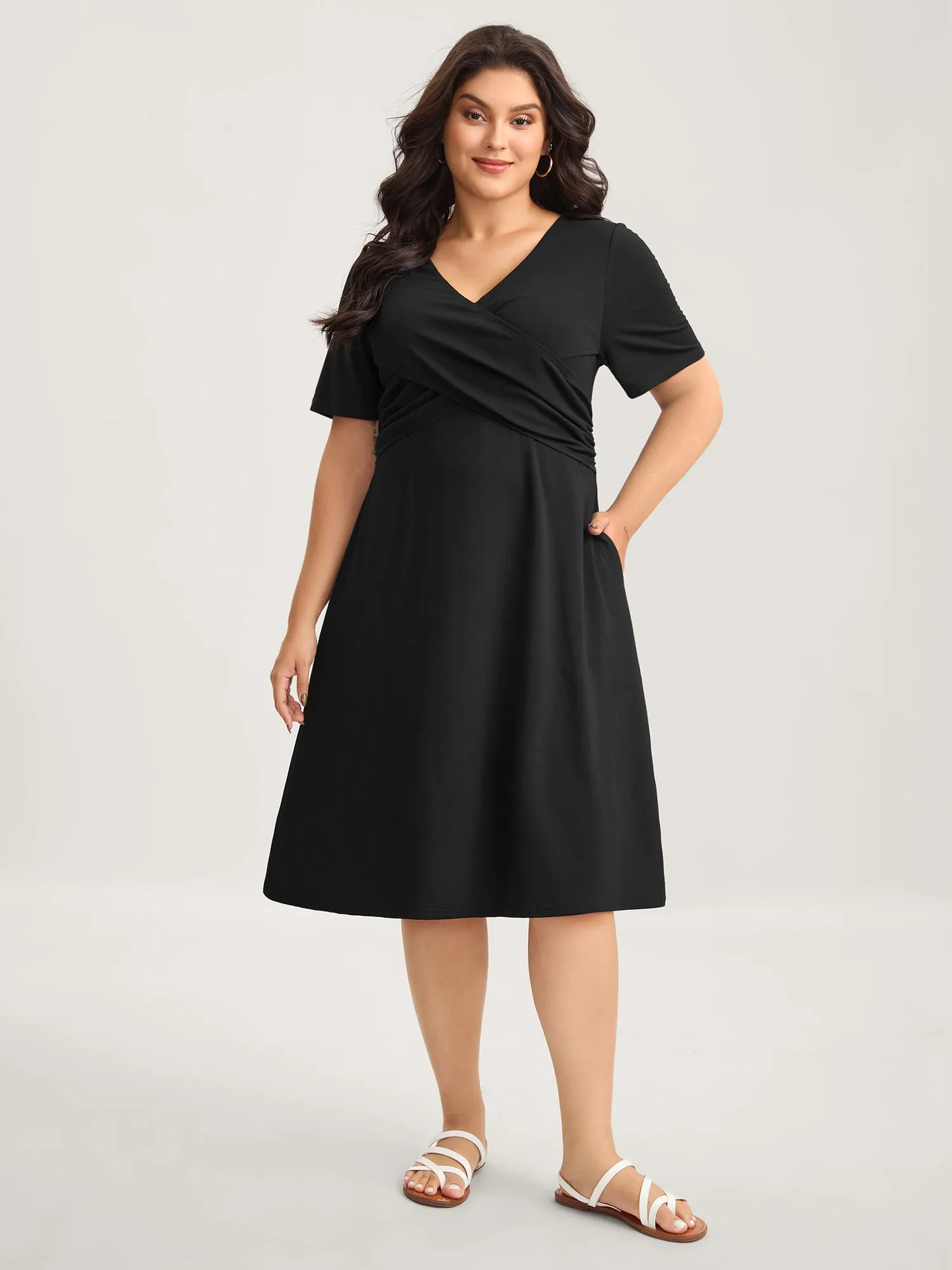 Overlap Bodice Solid Knit Pockets Midi Dress sold by Bloomchic product image thumbnail 2
