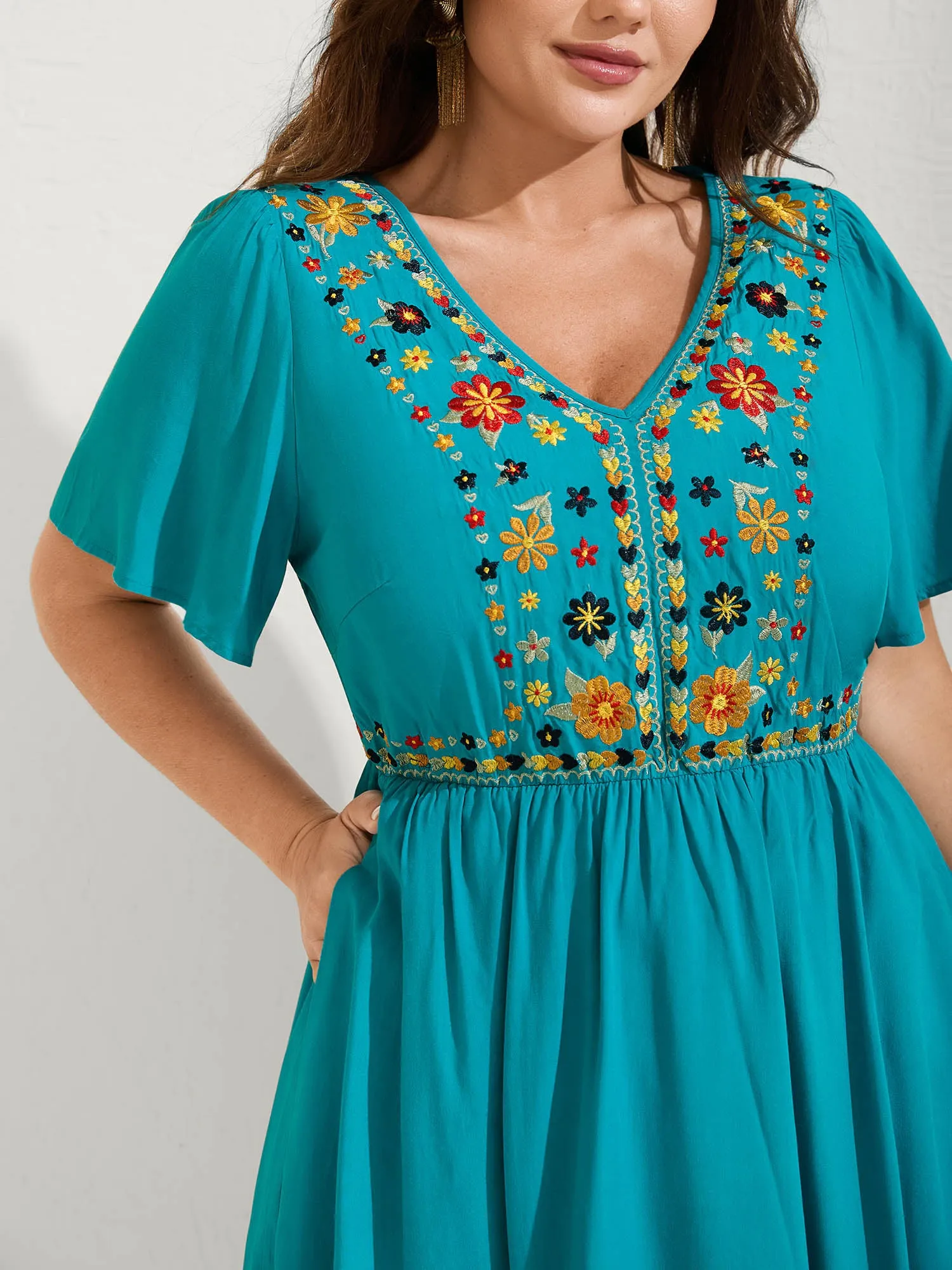 Rayon Floral Embroidered Pockets Midi Dress sold by Bloomchic product image thumbnail 2