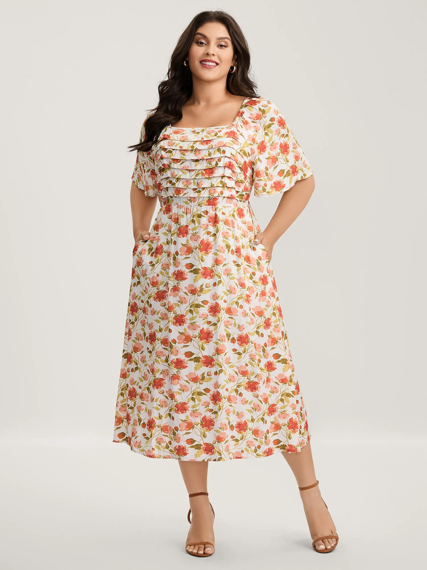 Floral Pleated Bodice Pockets Midi Dress sold by Bloomchic
