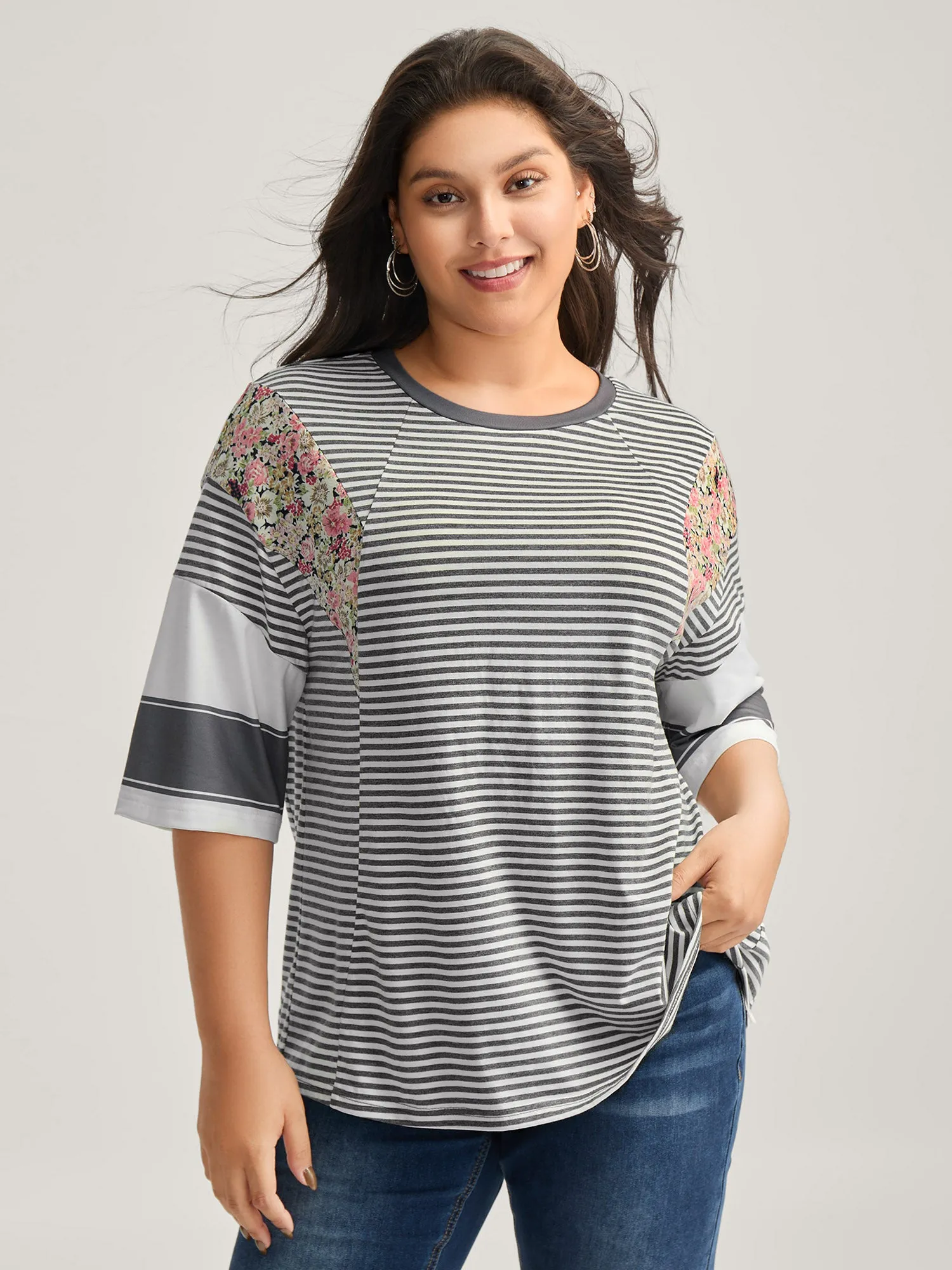 Cotton Mixed Print Floral Detail Knit Top sold by Bloomchic