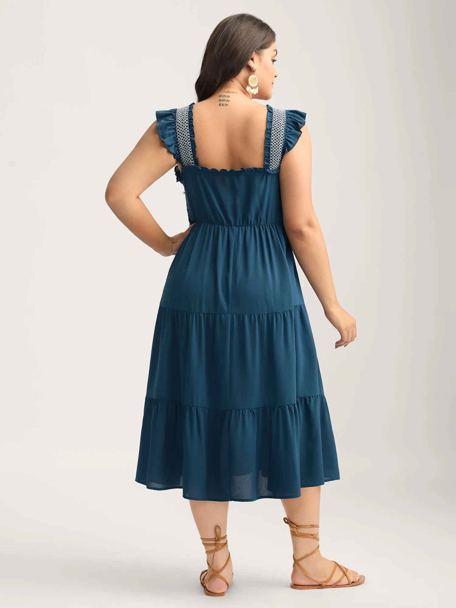 Fancy Shirred Flutter Tiered Pockets Midi Dress sold by Bloomchic product image thumbnail 4