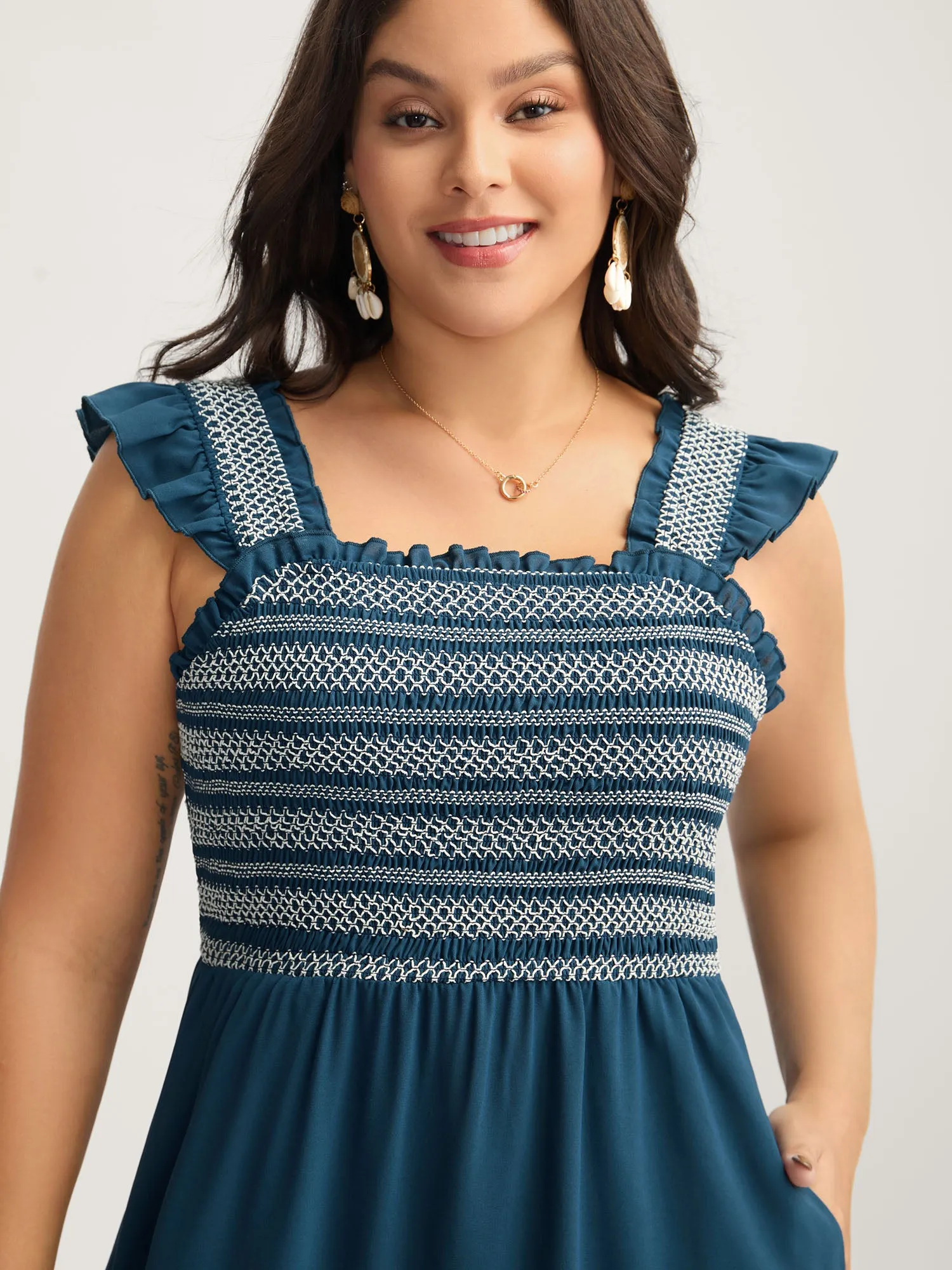 Fancy Shirred Flutter Tiered Pockets Midi Dress sold by Bloomchic product image thumbnail 2