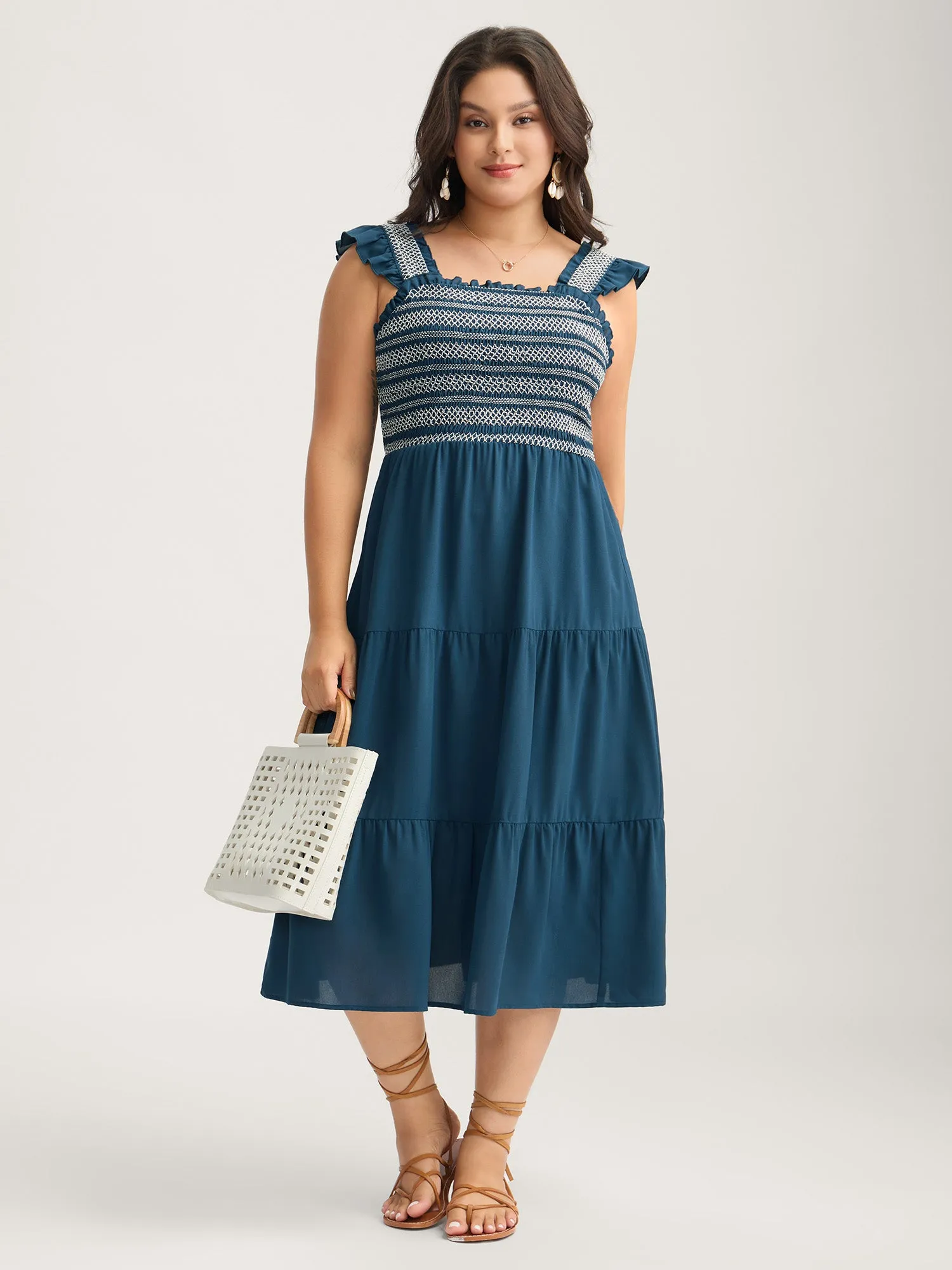 Fancy Shirred Flutter Tiered Pockets Midi Dress sold by Bloomchic product image thumbnail 3