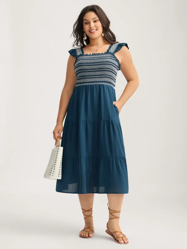 Fancy Shirred Flutter Tiered Pockets Midi Dress sold by Bloomchic