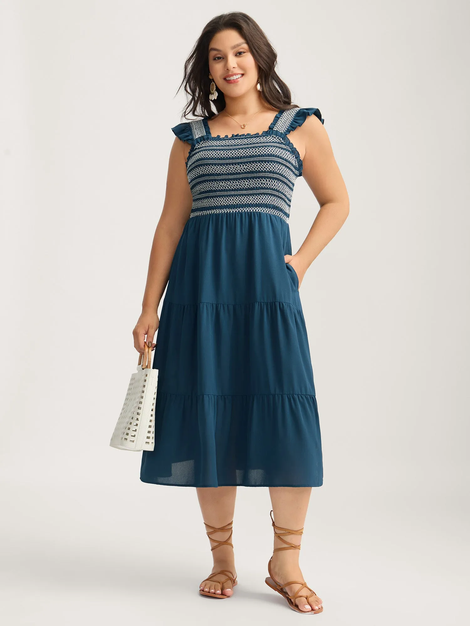 Fancy Shirred Flutter Tiered Pockets Midi Dress sold by Bloomchic