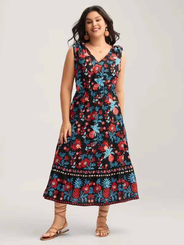 Boho Print Shoulder Tie Midi Dress sold by Bloomchic