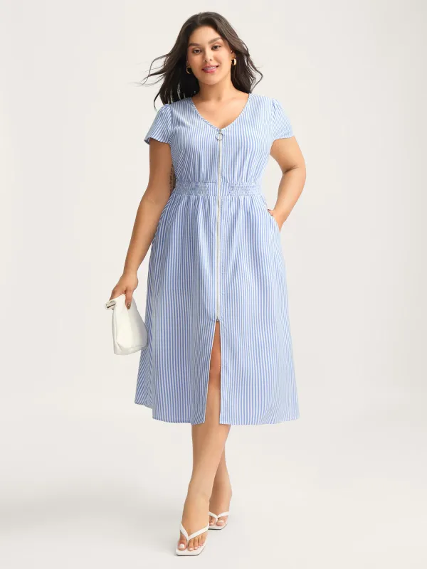 Striped Zipper Front Shirred Waist Midi Dress sold by Bloomchic