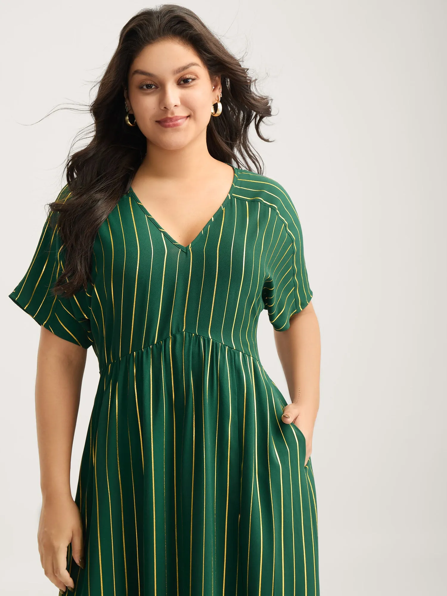 Gold Shimmery Stripes Pockets Midi Dress sold by Bloomchic product image thumbnail 2