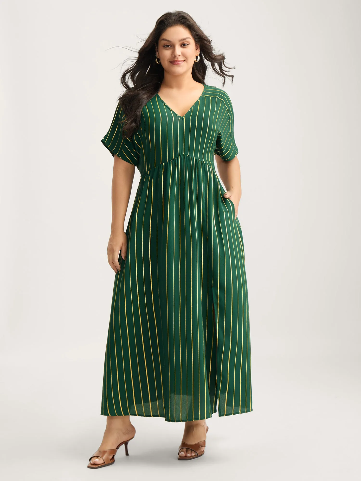 Gold Shimmery Stripes Pockets Midi Dress sold by Bloomchic product image thumbnail 3