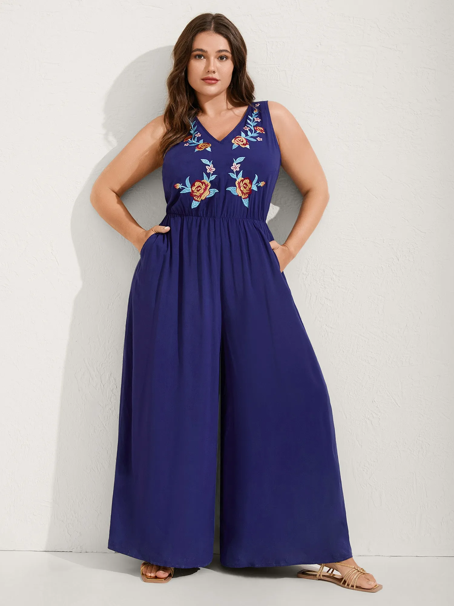 Rayon Floral Embroidery Stretchy Waist Jumpsuit sold by Bloomchic