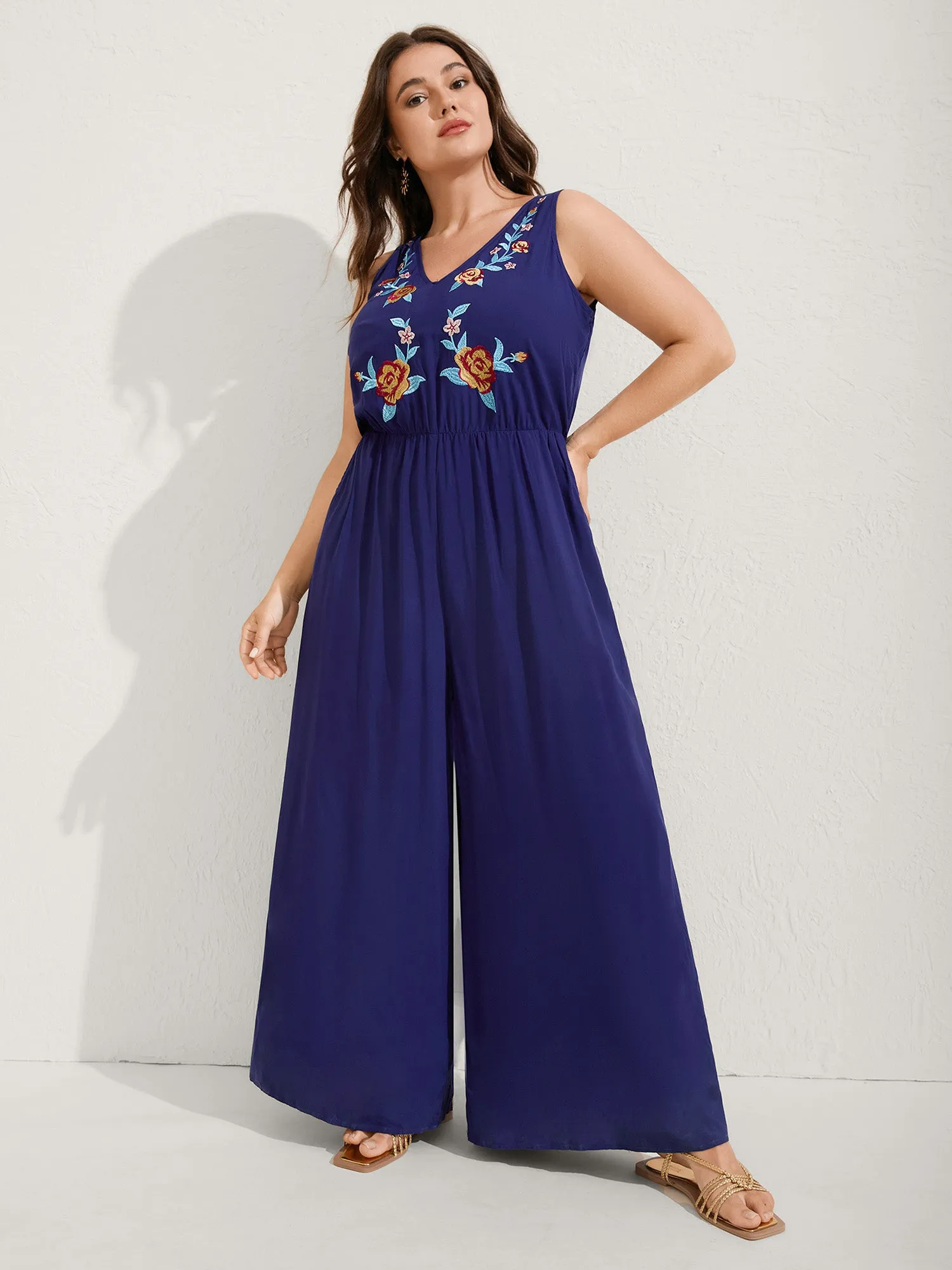 Rayon Floral Embroidery Stretchy Waist Jumpsuit sold by Bloomchic product image thumbnail 3