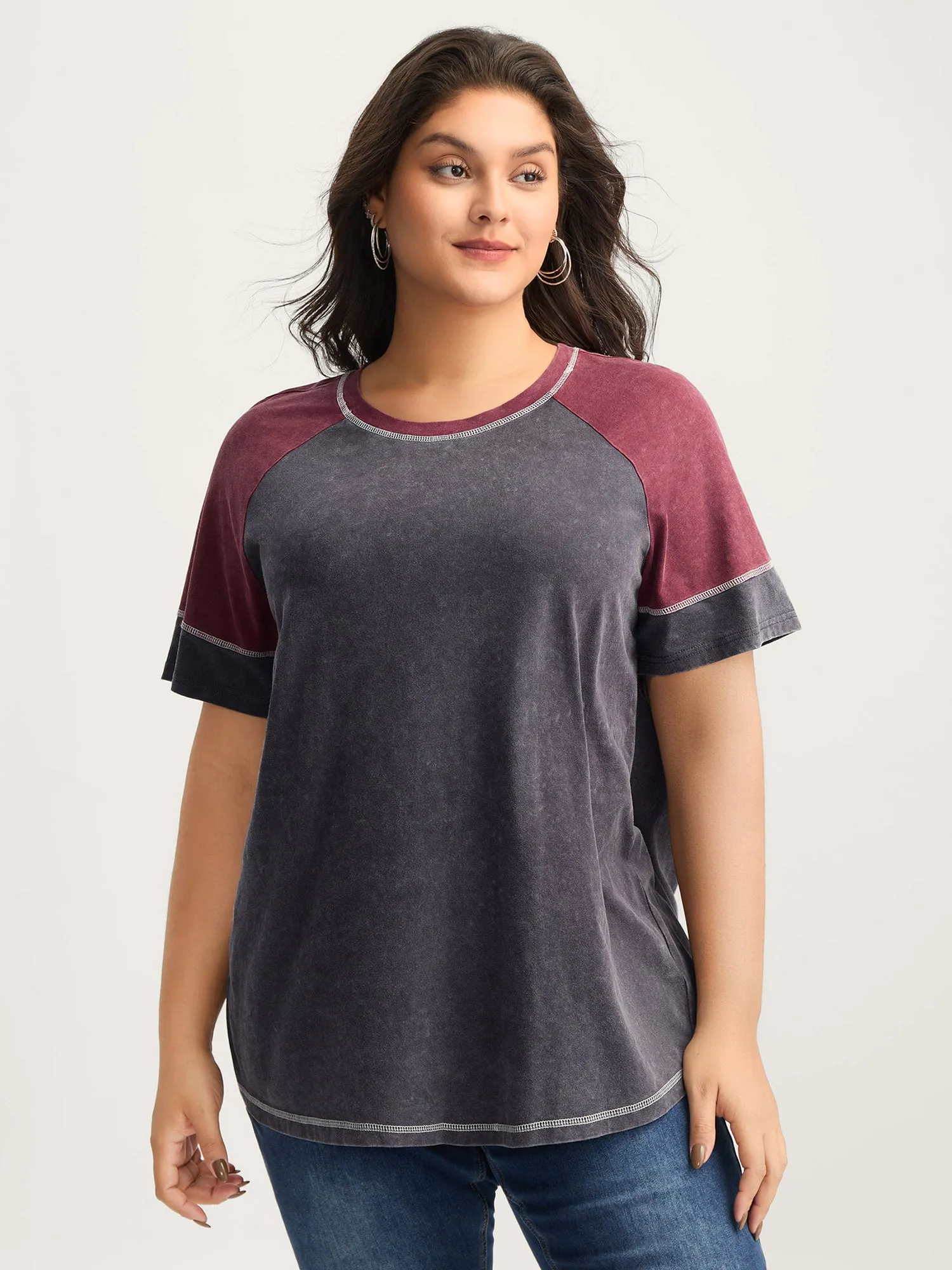 Cotton Vintage Color Contrast Solid T-Shirt sold by Bloomchic