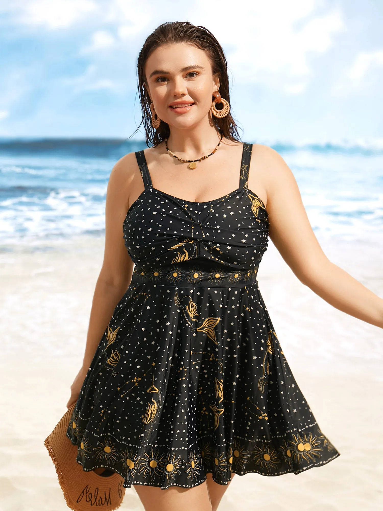 Star & Sun Print Heart Neckline Crossover Swim Dress sold by Bloomchic