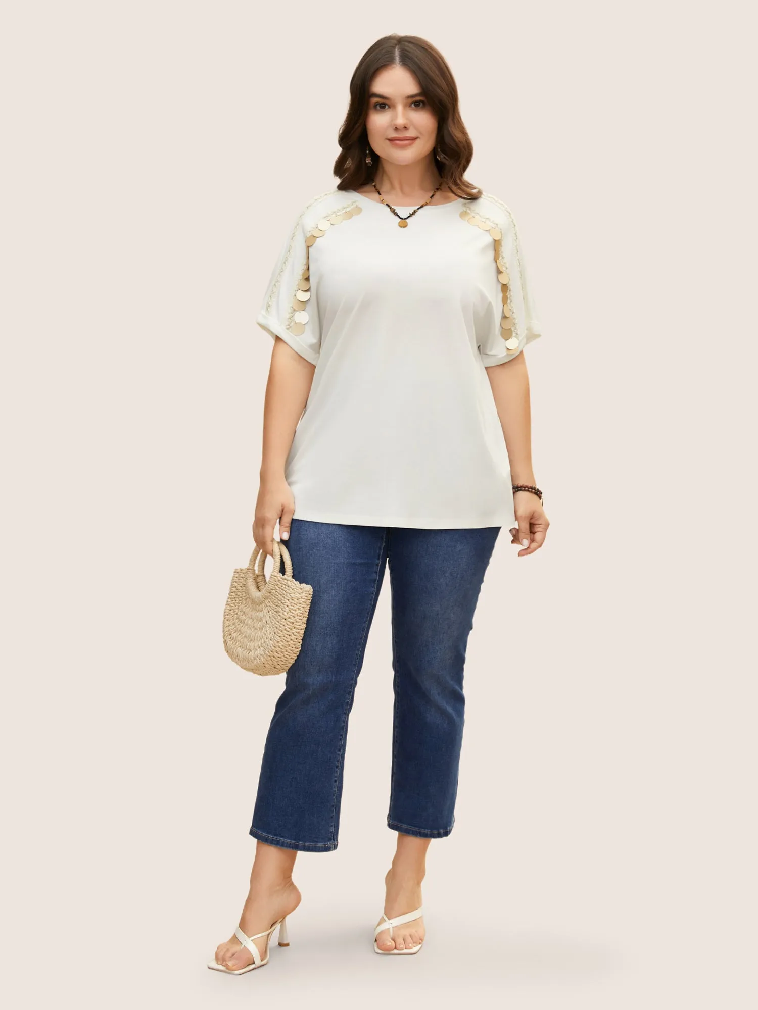 Glitter Decorated Round Neck Batwing Sleeve T-Shirt sold by Bloomchic product image thumbnail 3
