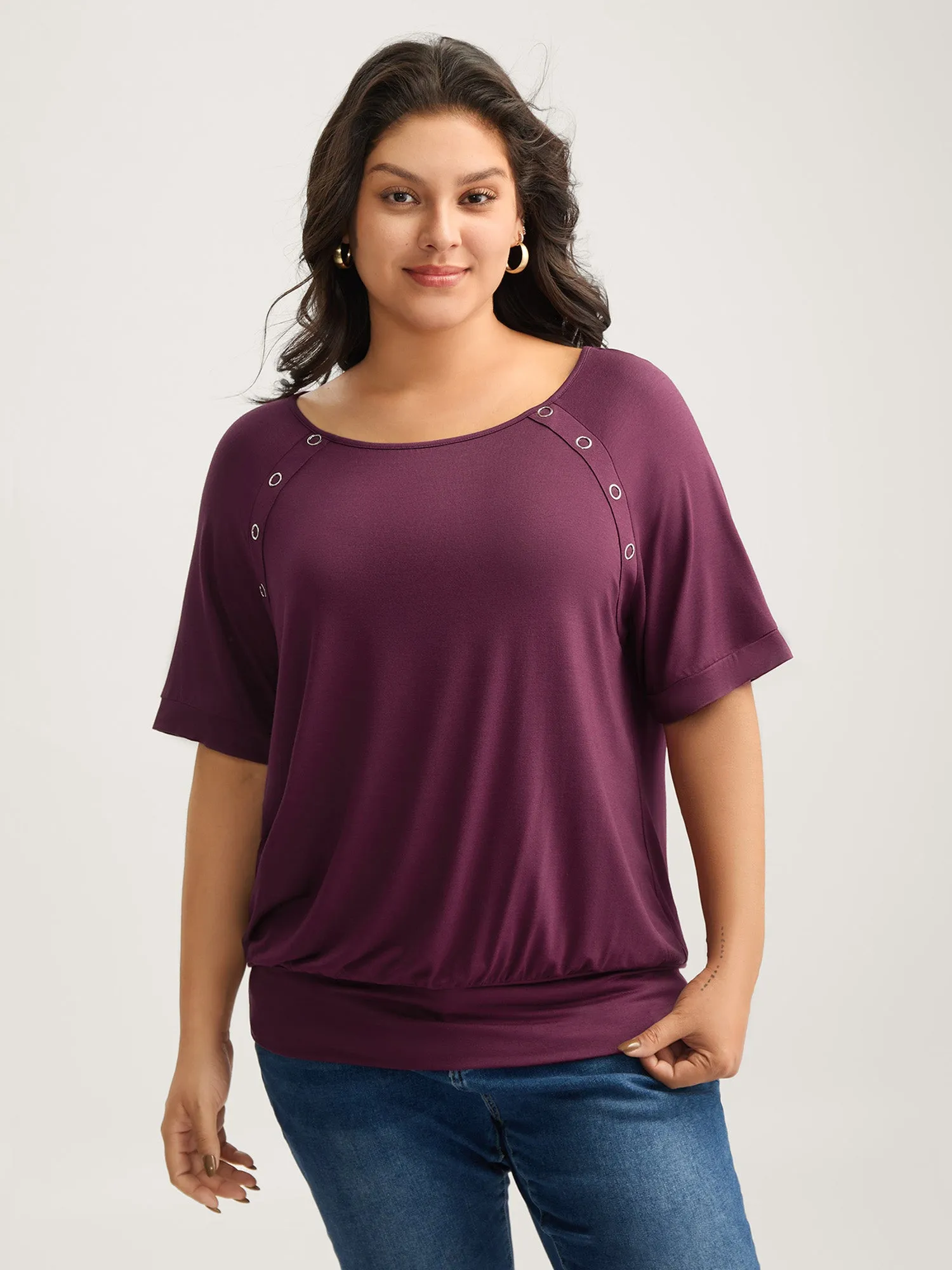 Supersoft Raglan Button Solid Knit Top sold by Bloomchic