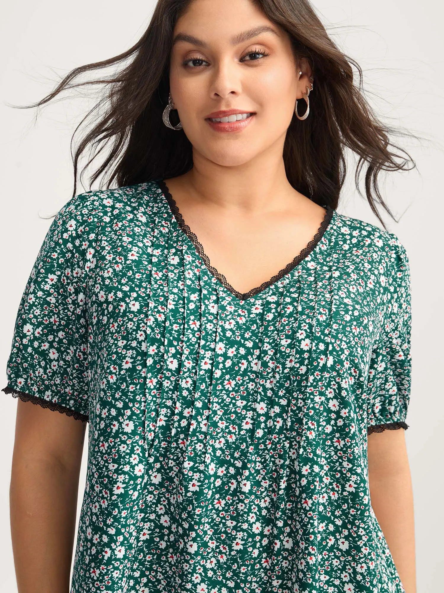 Ditsy Floral Print Lace Trim Blouse sold by Bloomchic