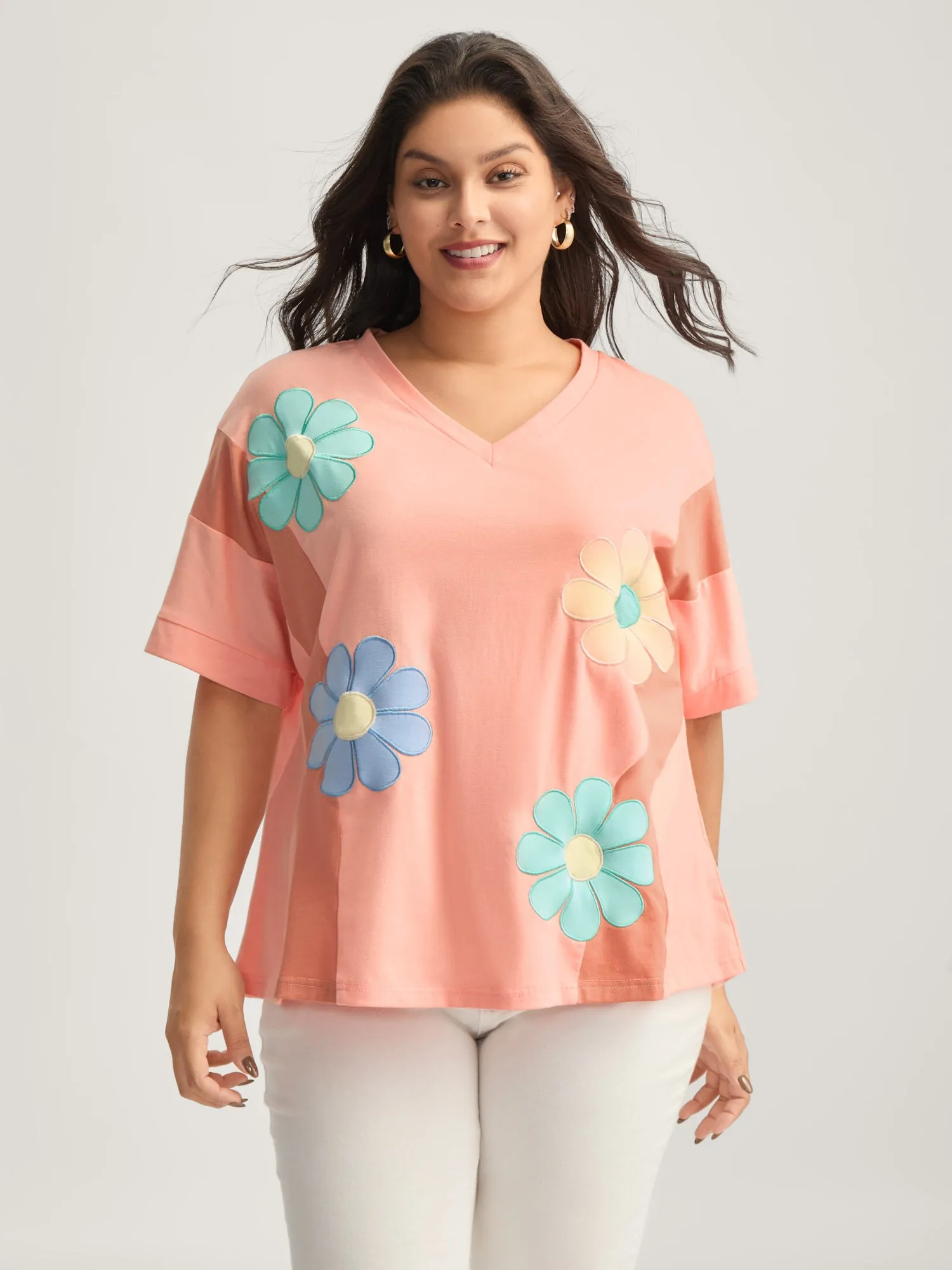 Floral Patchwork Embroidery Color Block T-Shirt sold by Bloomchic