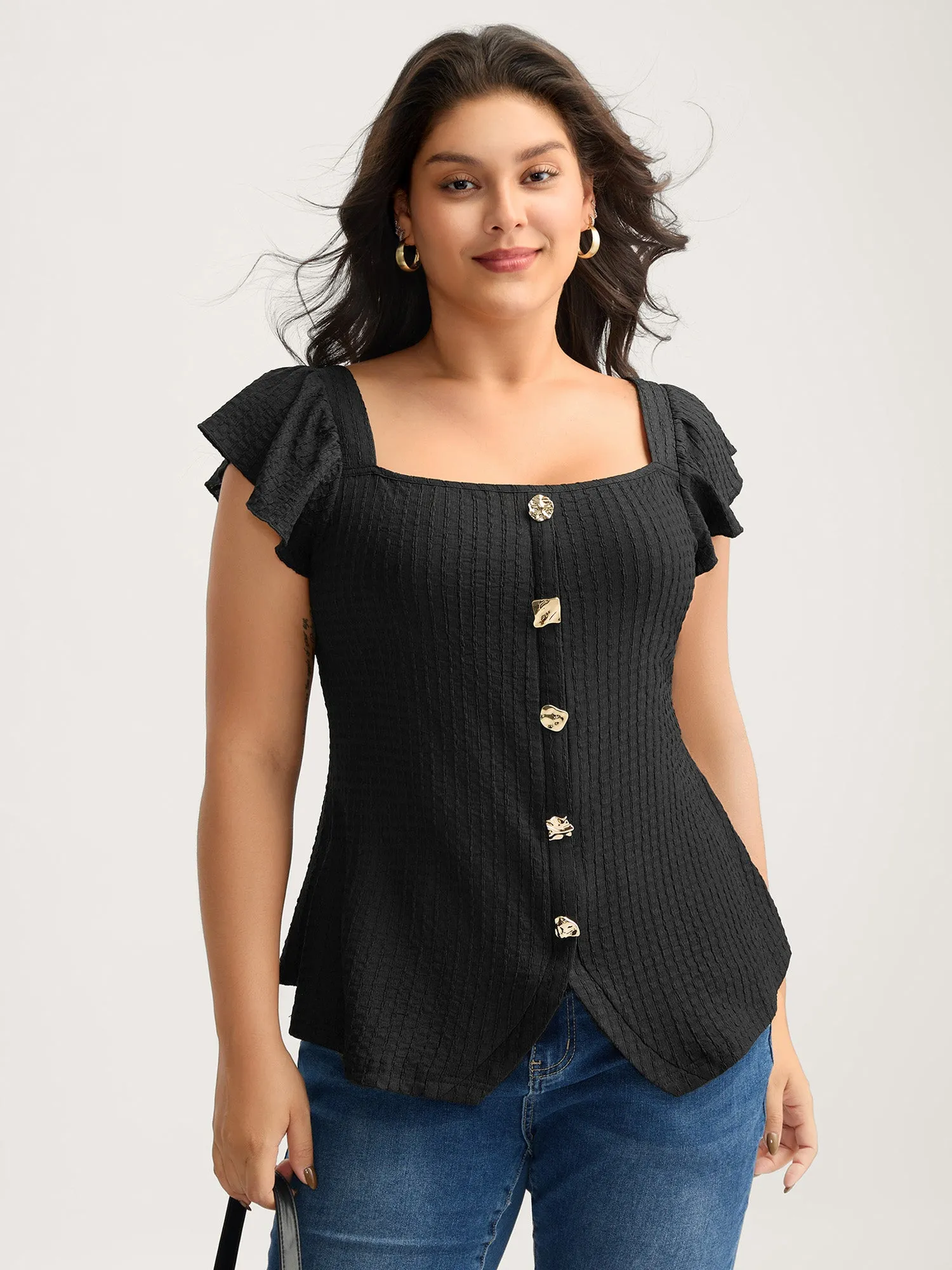 Textured Shape Button Flutter Sleeve Blouse sold by Bloomchic