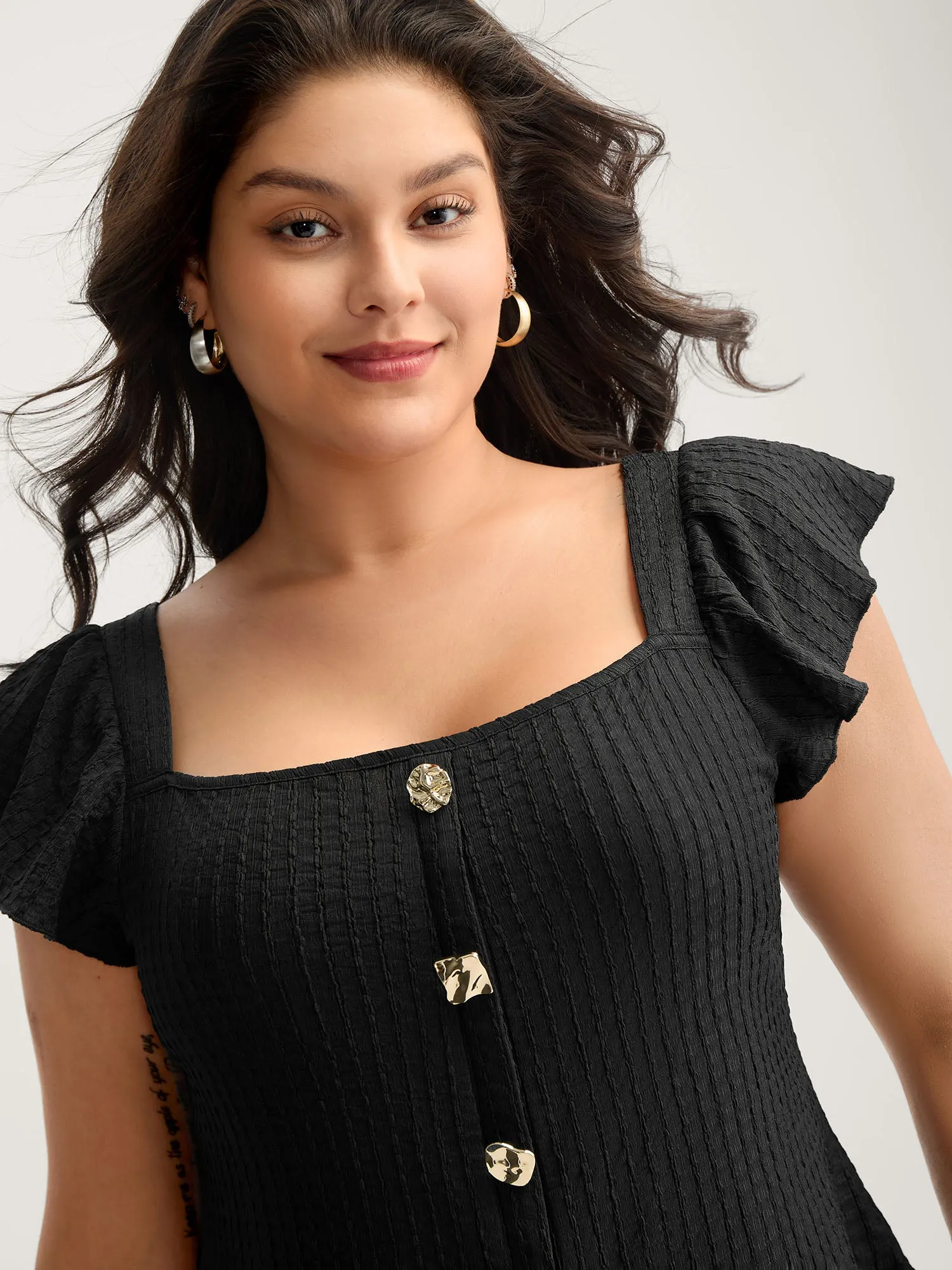 Textured Shape Button Flutter Sleeve Blouse sold by Bloomchic product image thumbnail 2