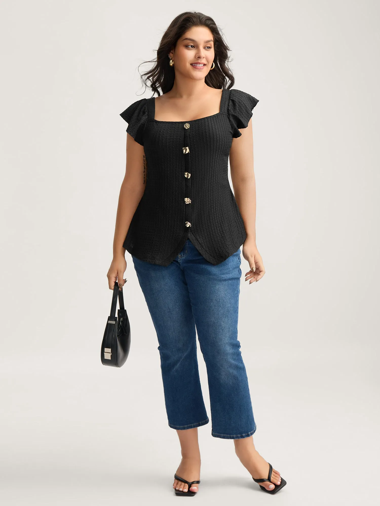 Textured Shape Button Flutter Sleeve Blouse sold by Bloomchic product image thumbnail 3