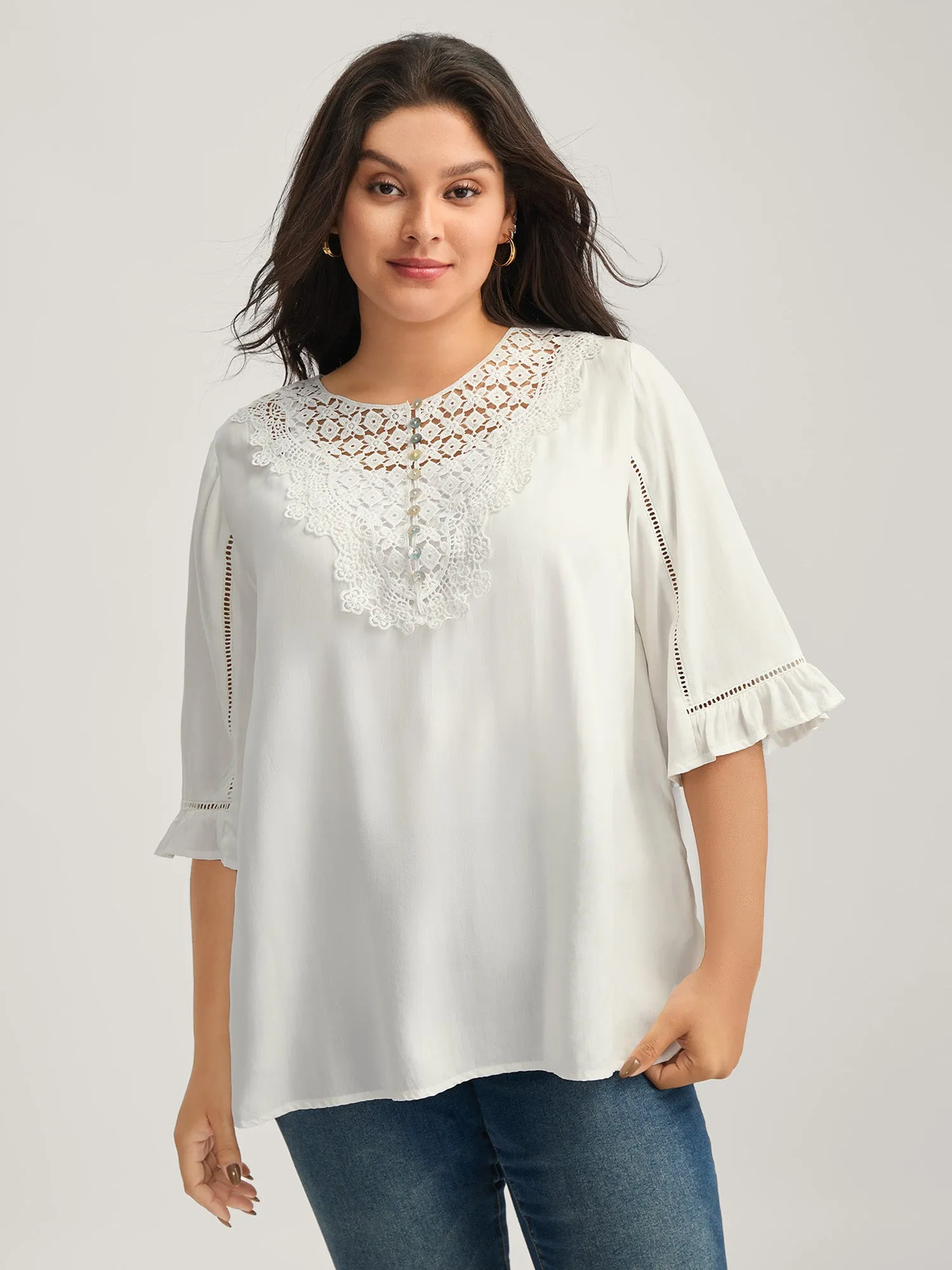 Lace Spliced Button Detail Blouse sold by Bloomchic