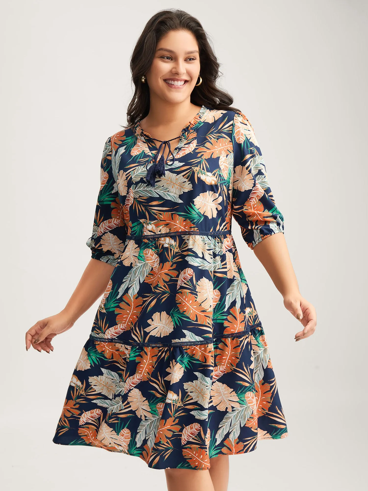 Tropical Leaf Print Lace Stretchy Midi Dress sold by Bloomchic