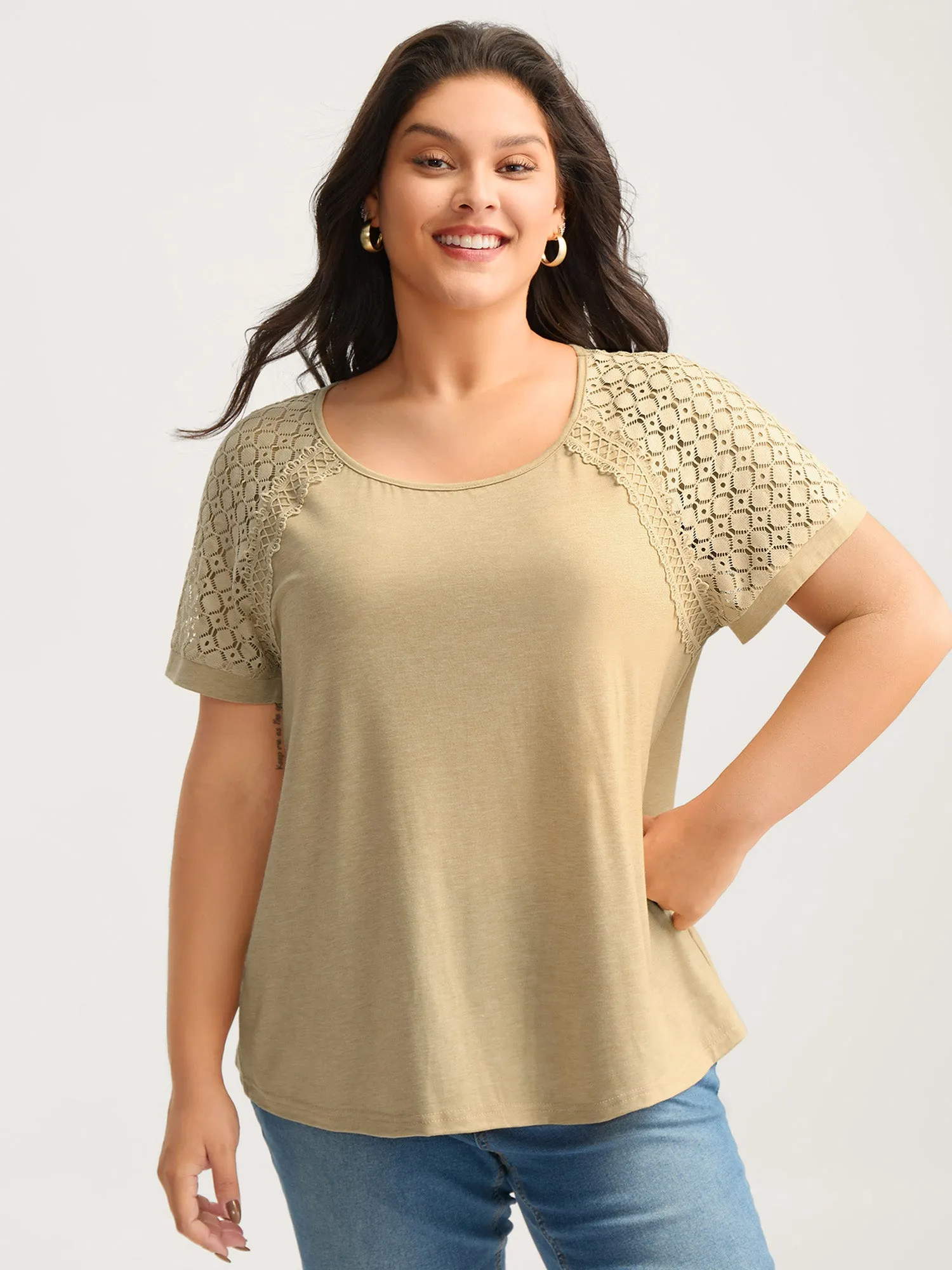 Sheer Lace Sleeve Spliced Solid T-Shirt sold by Bloomchic product image thumbnail 4