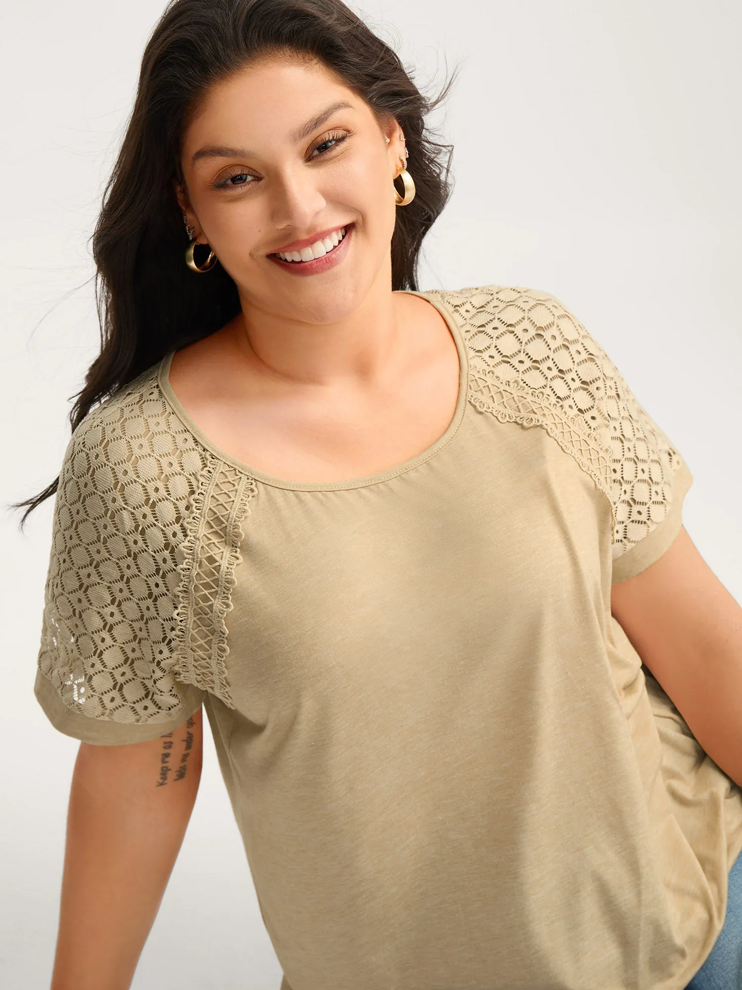 Sheer Lace Sleeve Spliced Solid T-Shirt sold by Bloomchic