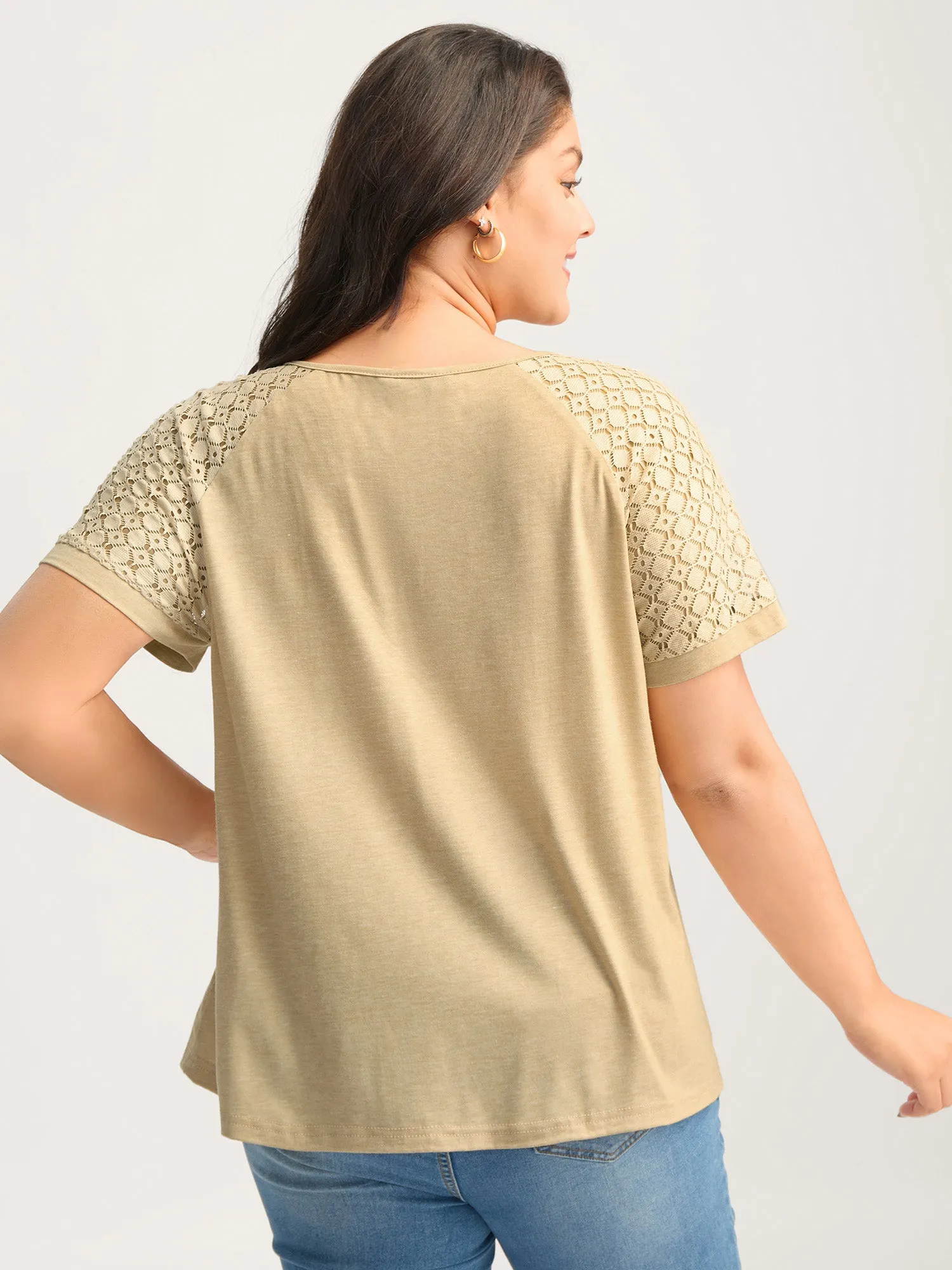 Sheer Lace Sleeve Spliced Solid T-Shirt sold by Bloomchic product image thumbnail 5
