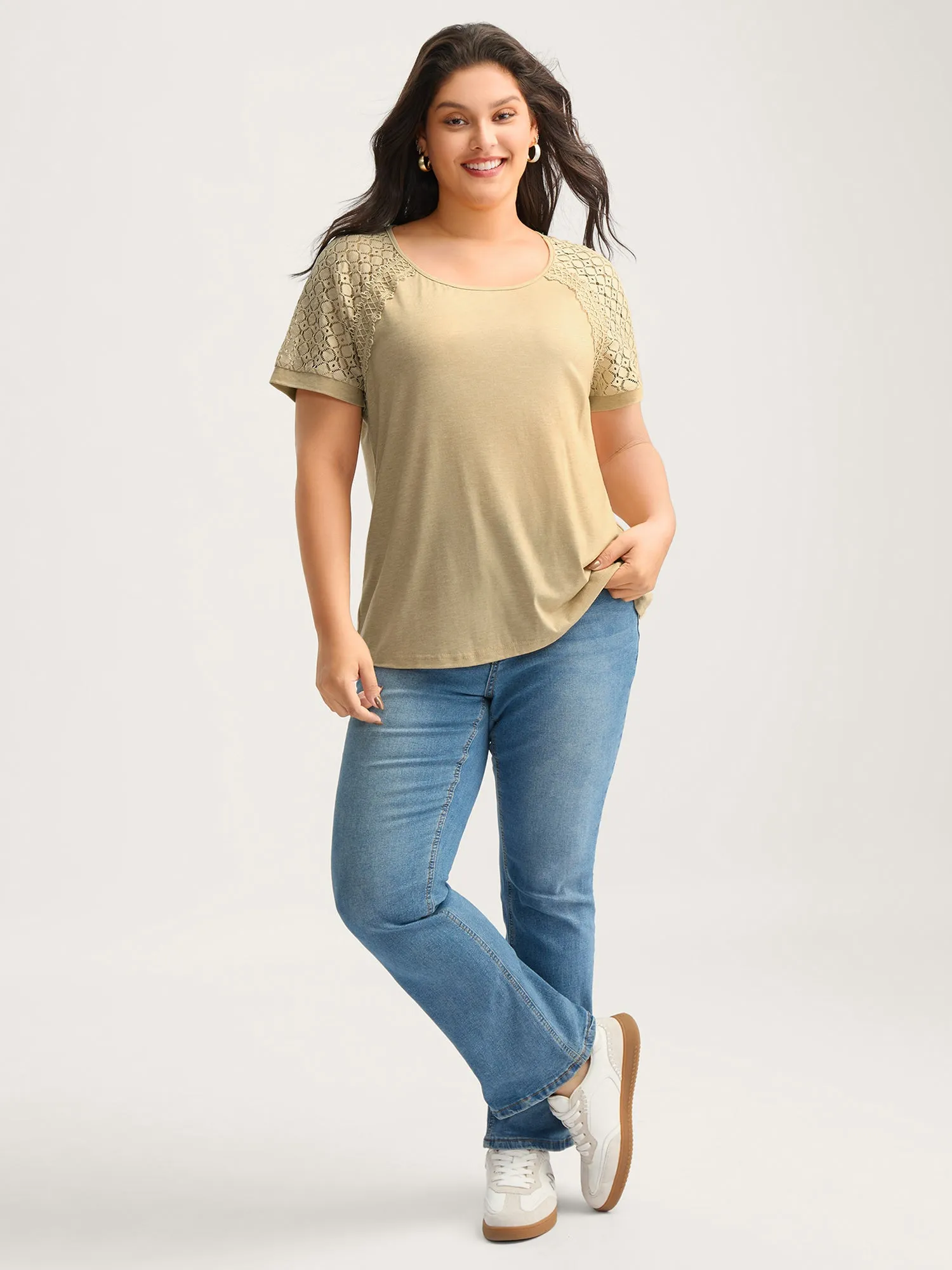 Sheer Lace Sleeve Spliced Solid T-Shirt sold by Bloomchic product image thumbnail 3