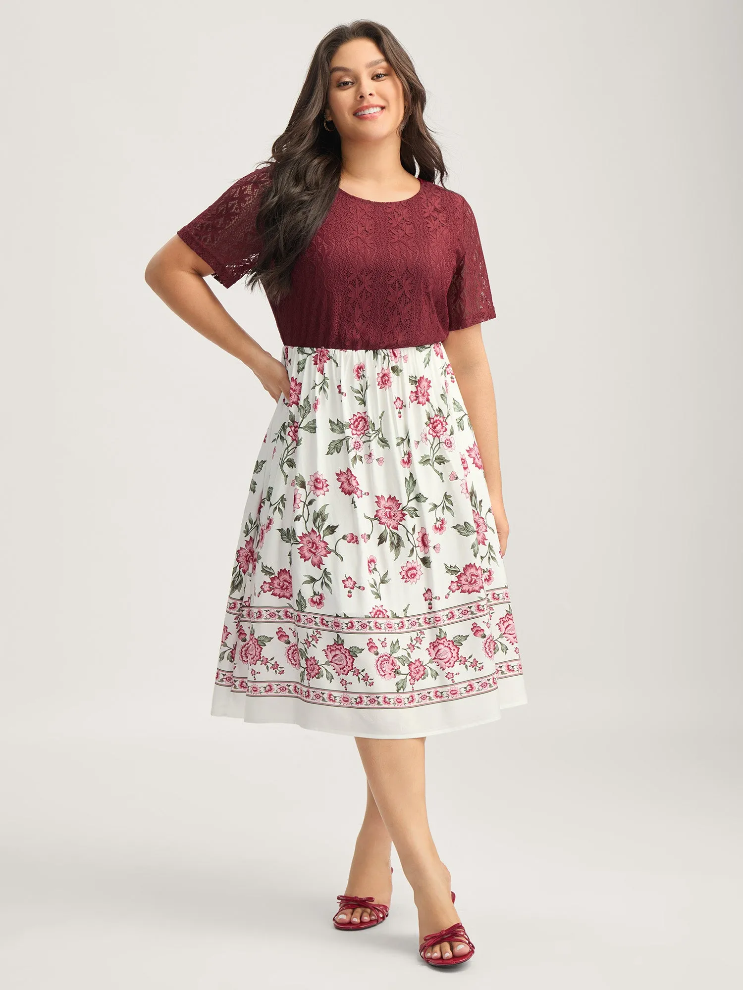 Floral Lace Stretchy Waist Contrast Midi Dress sold by Bloomchic product image thumbnail 3