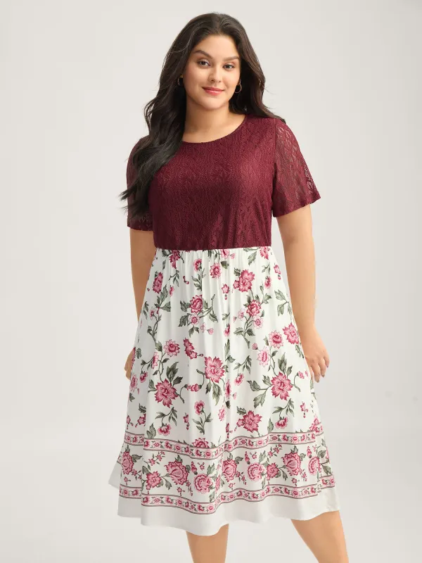 Floral Lace Stretchy Waist Contrast Midi Dress sold by Bloomchic