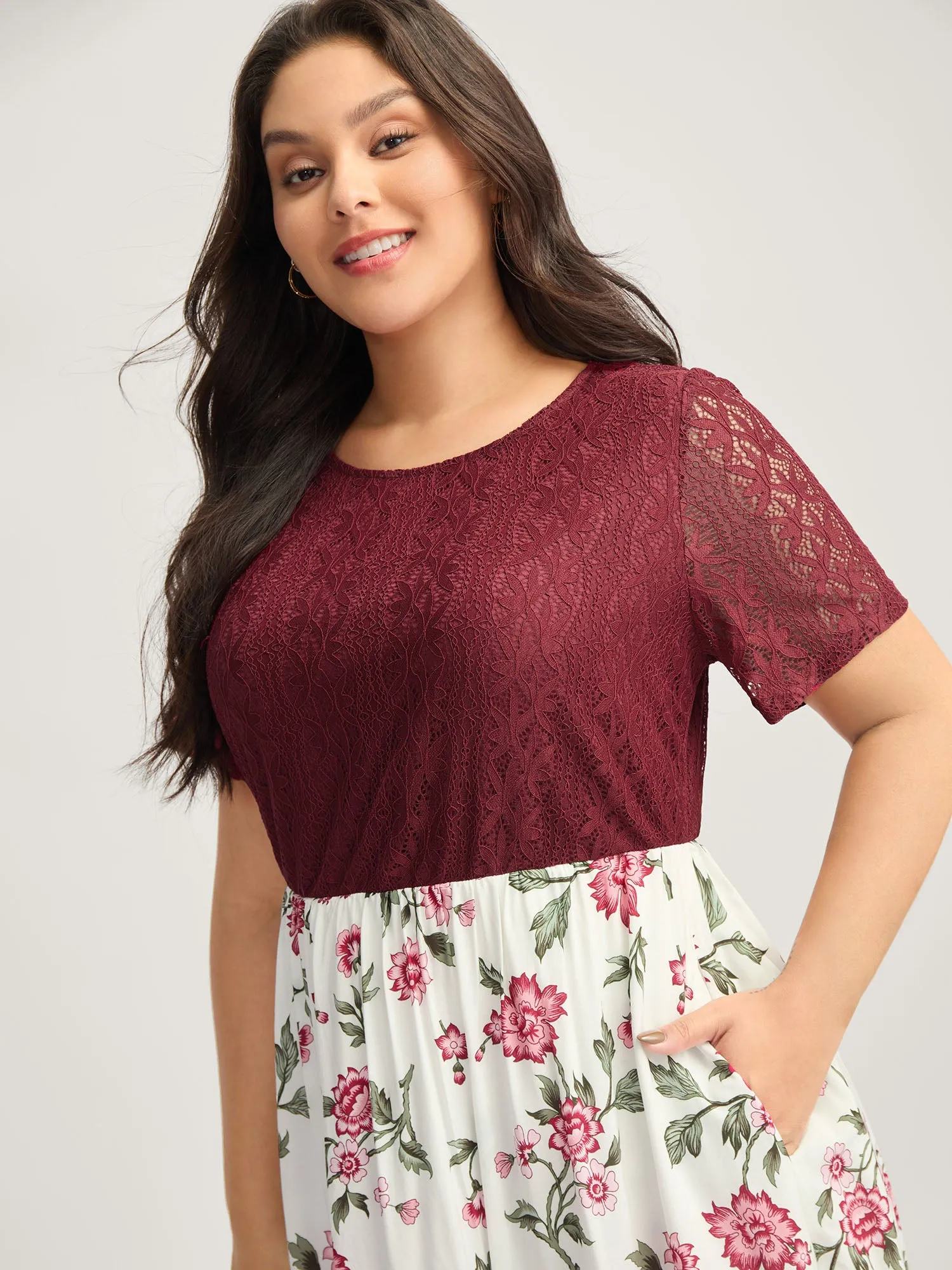Floral Lace Stretchy Waist Contrast Midi Dress sold by Bloomchic product image thumbnail 2