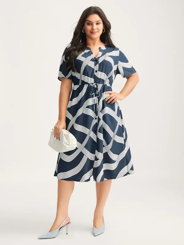 Rayon Geometric Print Waist-Tie Midi Dress sold by Bloomchic