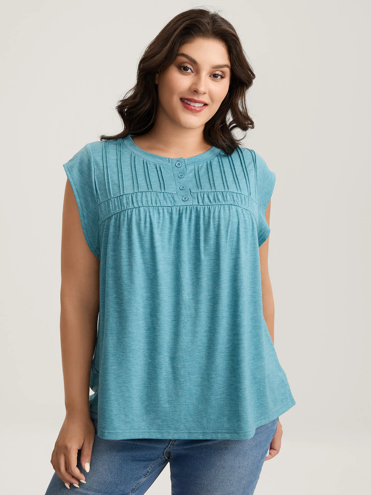 Heather Pleated Buttons Placket Solid T-Shirt sold by Bloomchic product image thumbnail 2