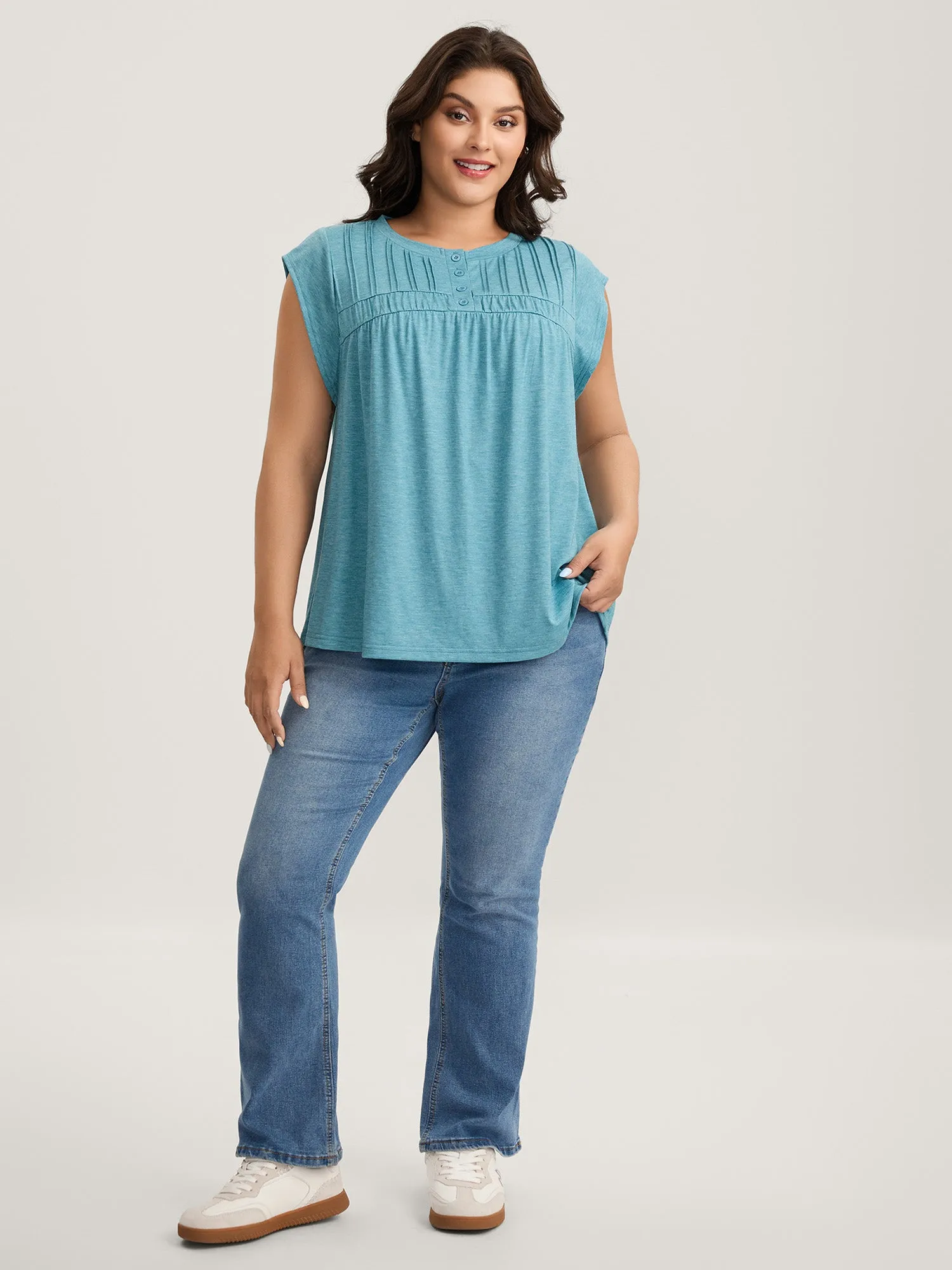 Heather Pleated Buttons Placket Solid T-Shirt sold by Bloomchic product image thumbnail 3
